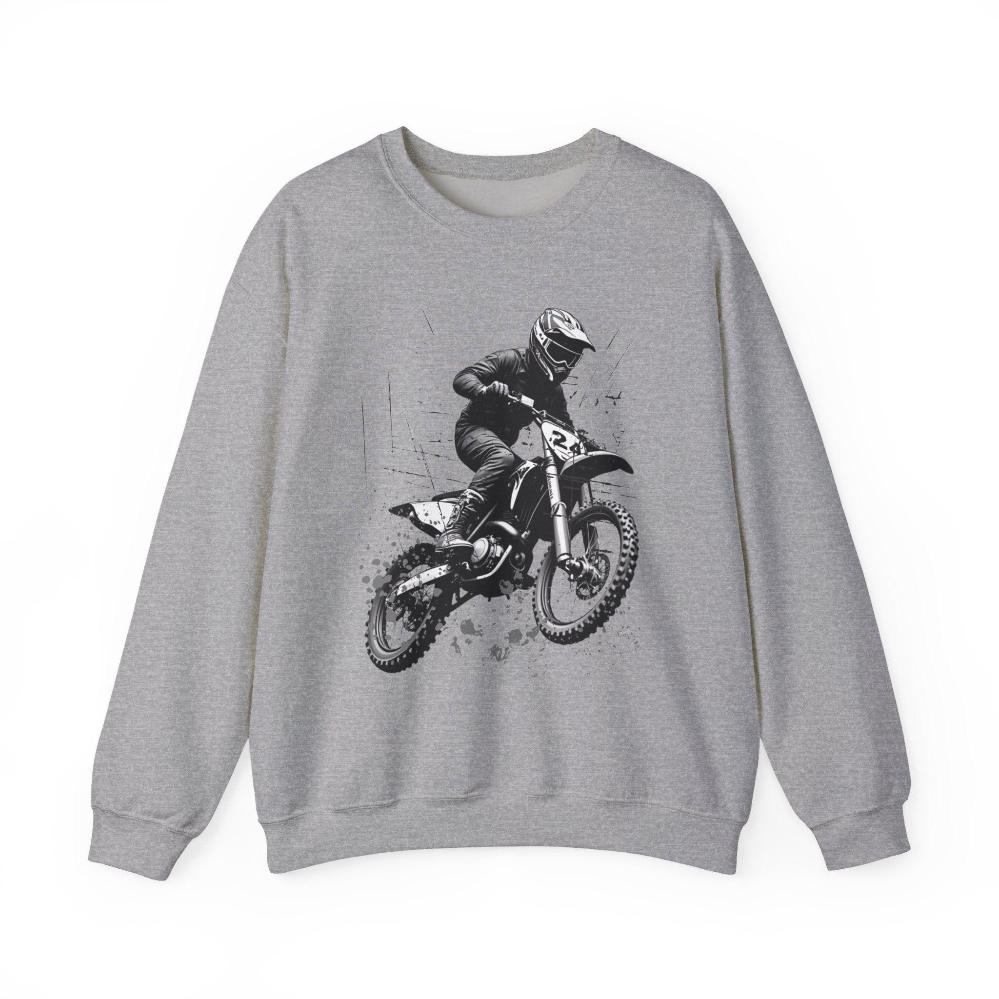 Gray sweatshirt with a graphic of a person on a motorcycle on a white background