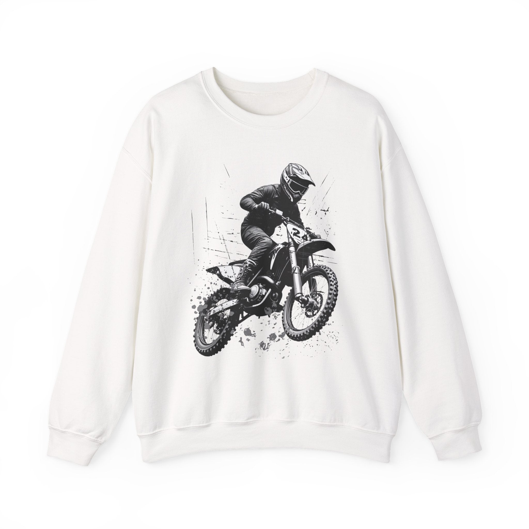White sweatshirt with a graphic of a person on a dirt bike on a white background