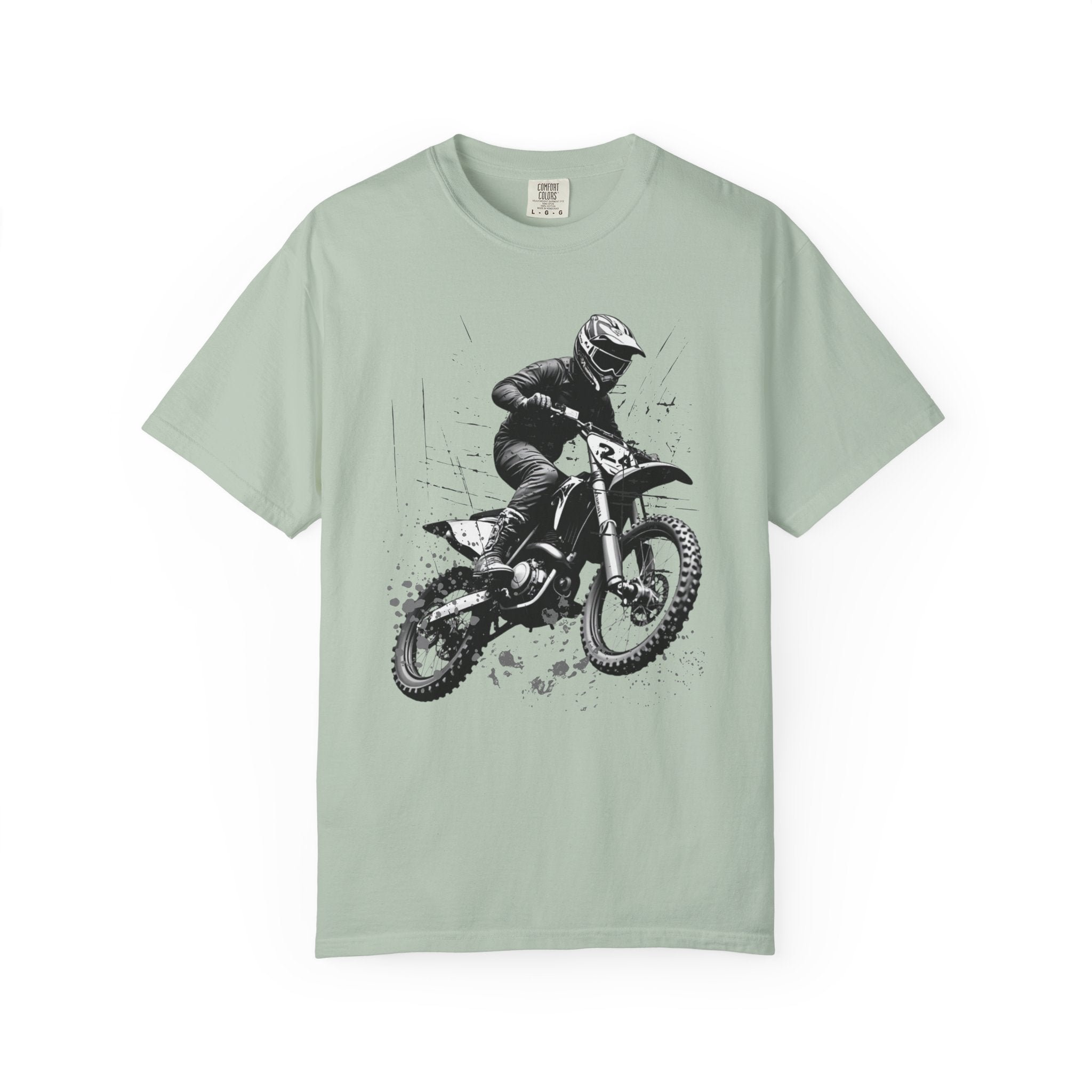 Bay light green t-shirt with a vintage graphic of a motocross rider on a white background