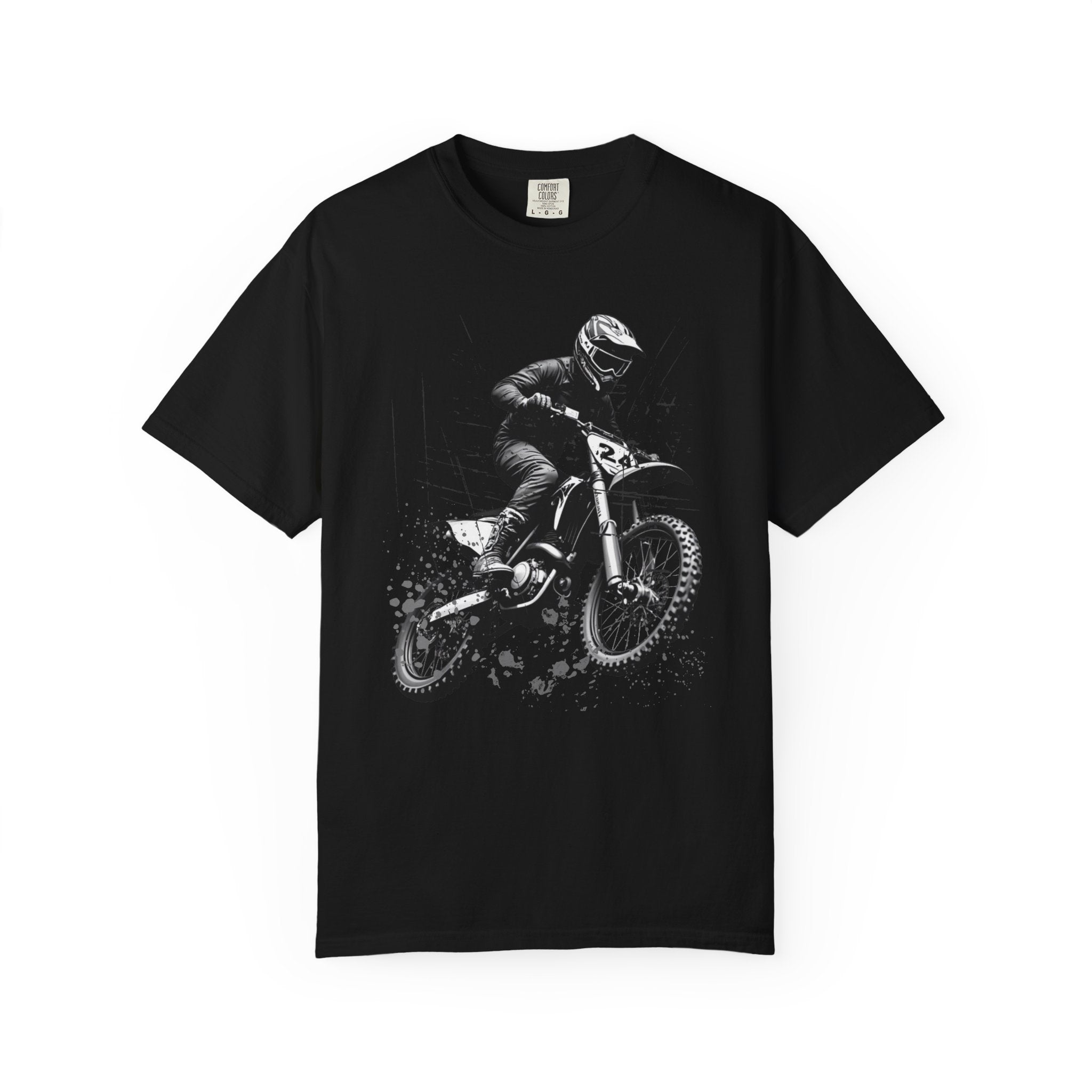 Black t-shirt with a vintage graphic of a motocross rider on a white background