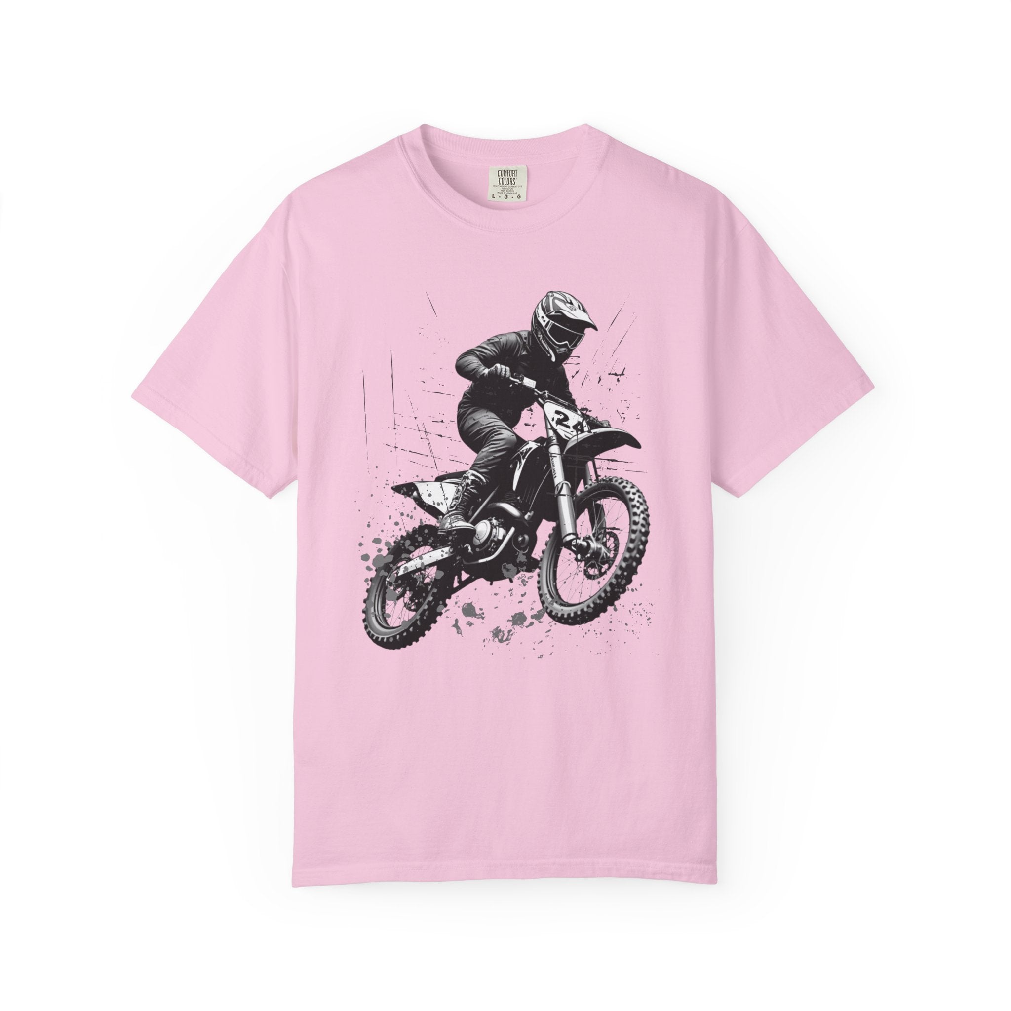 Blossom pink t-shirt with a vintage graphic of a motocross rider on a white background