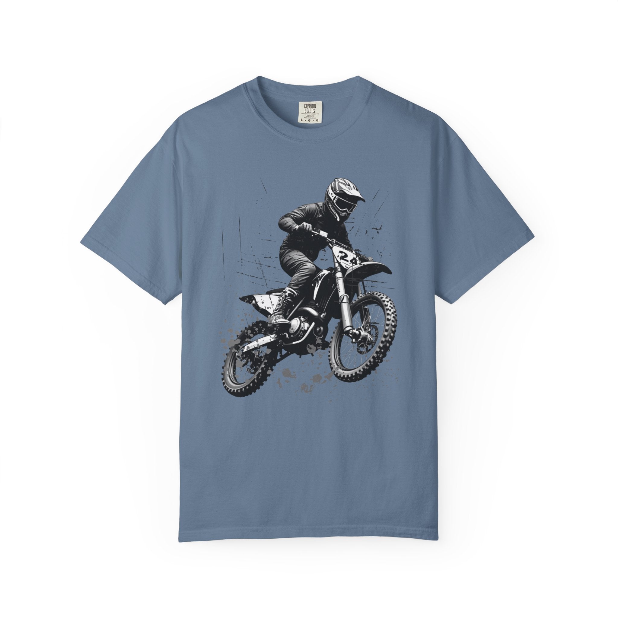 Blue jean t-shirt with a vintage graphic of a motocross rider on a white background