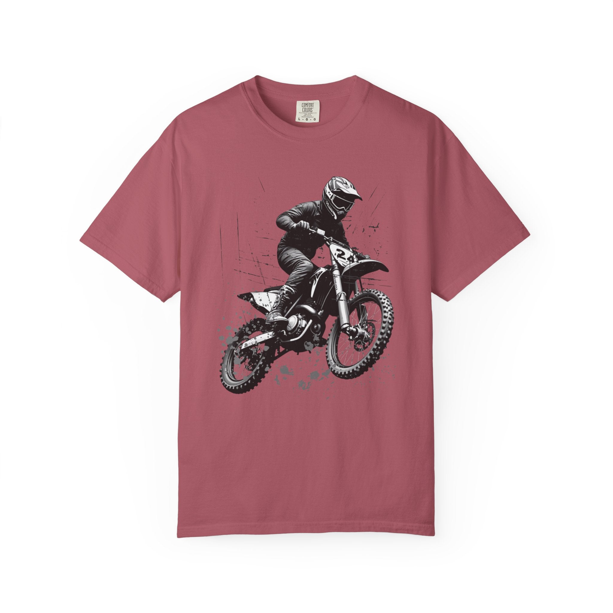 Crimson maroon t-shirt with a vintage graphic of a motocross rider on a white background
