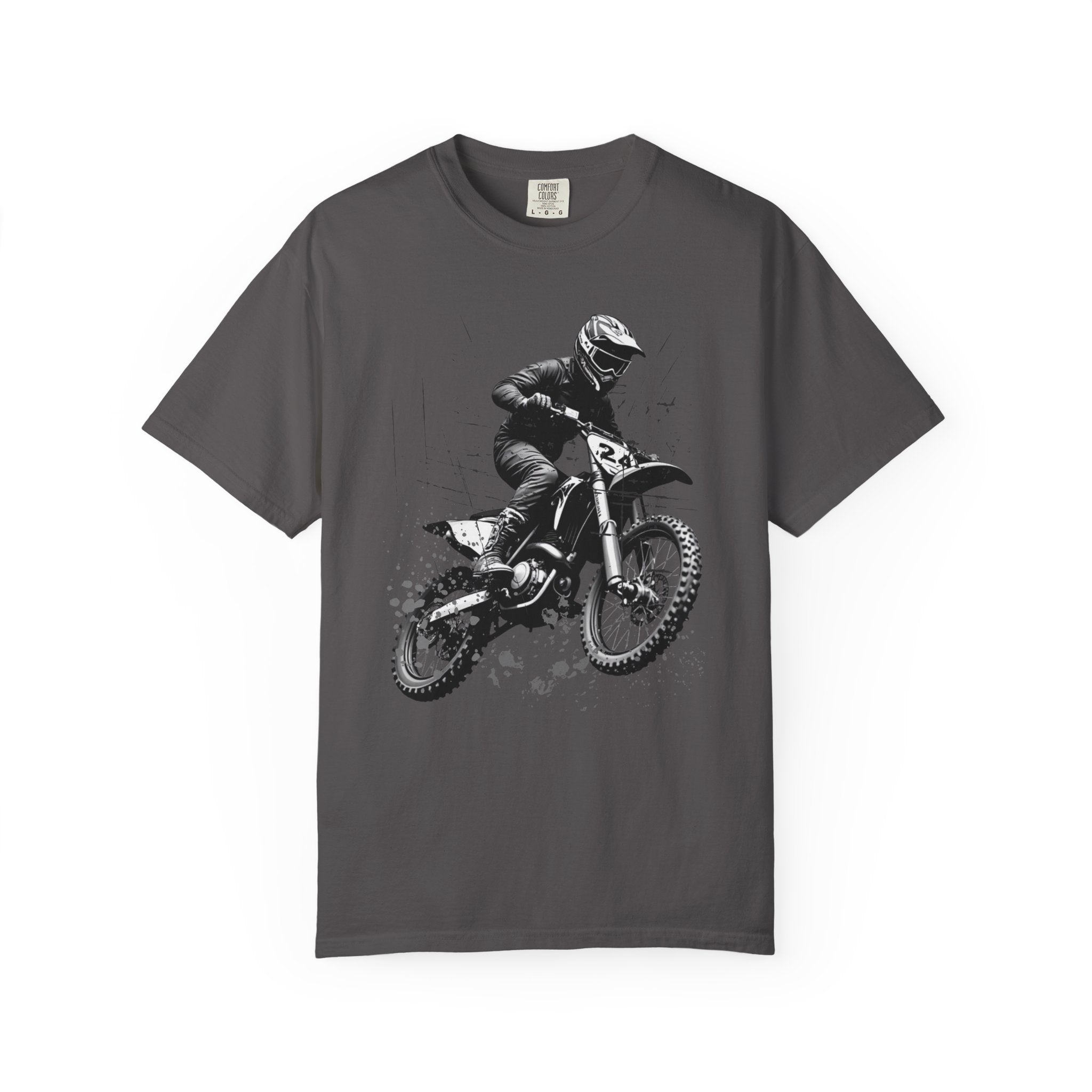Graphite Gray t-shirt with a vintage graphic of a motocross rider on a white background