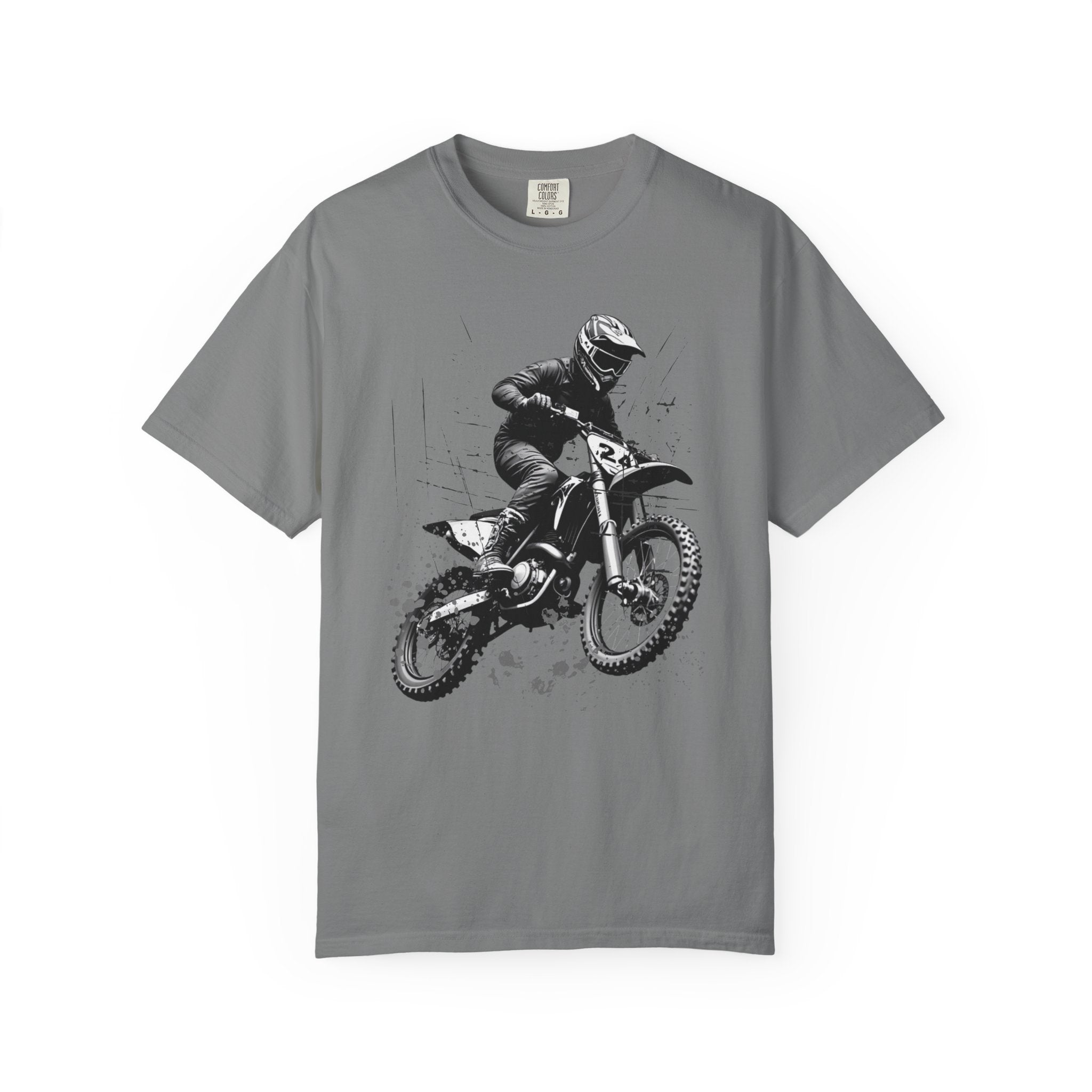 Gray t-shirt with a vintage graphic of a motocross rider on a white background
