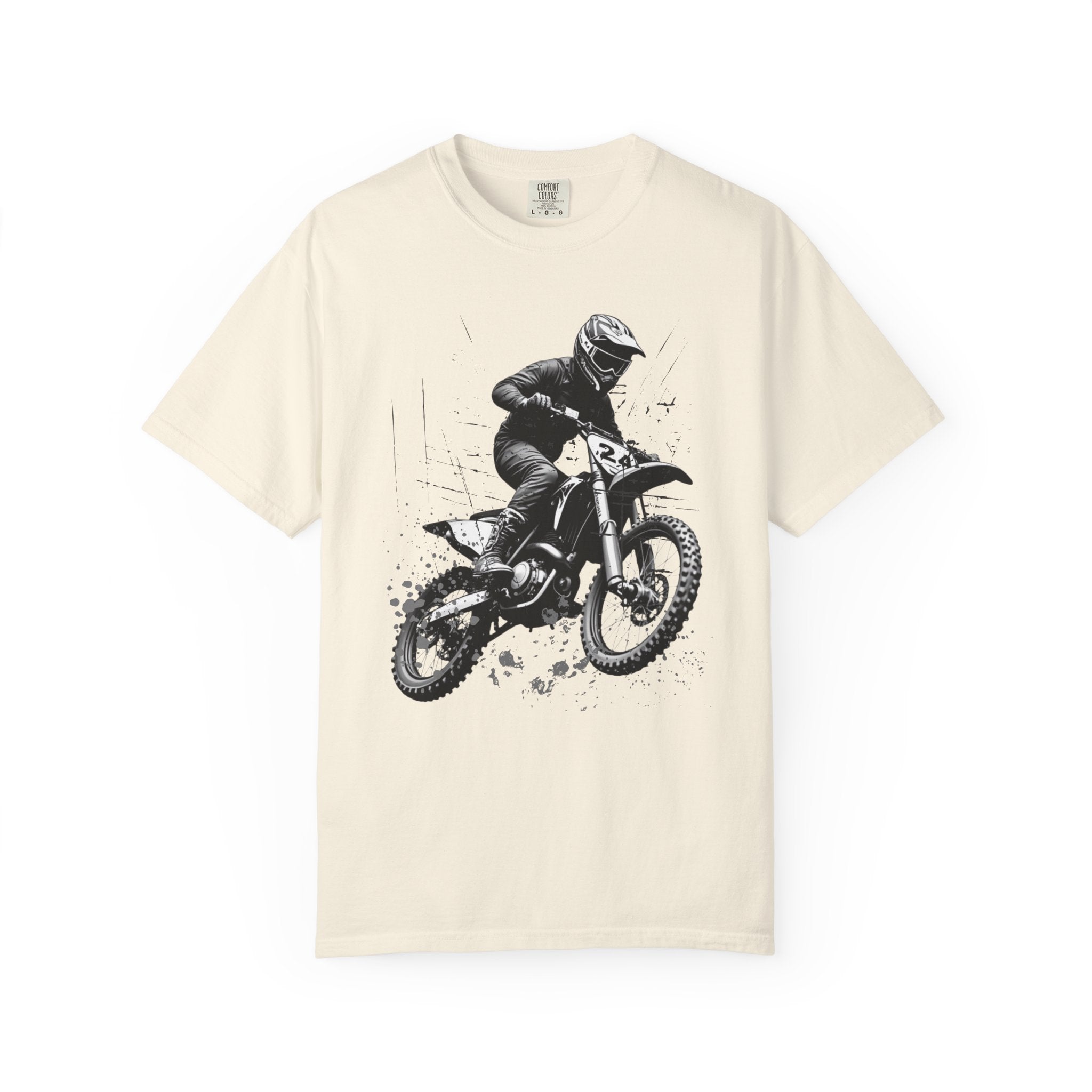 Ivory beige t-shirt with a vintage graphic of a motocross rider on a white background