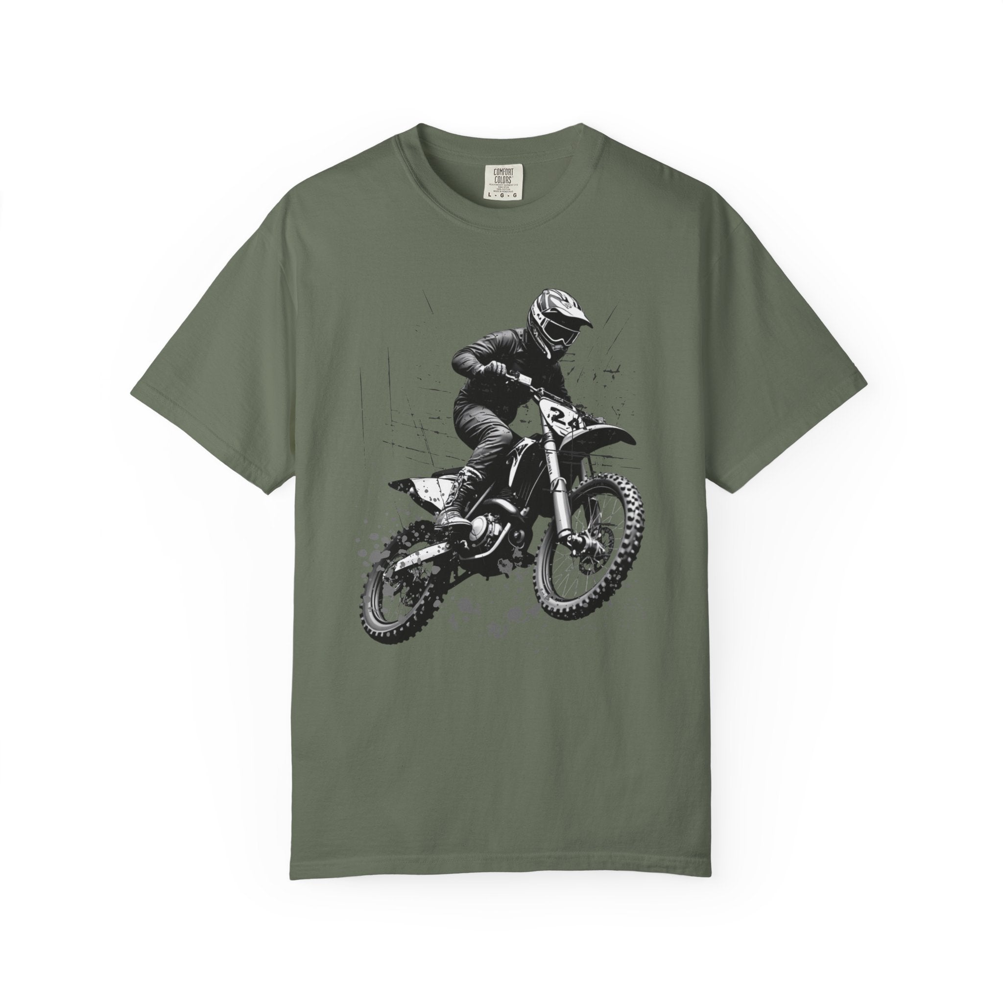 Moss green t-shirt with a vintage graphic of a motocross rider on a white background