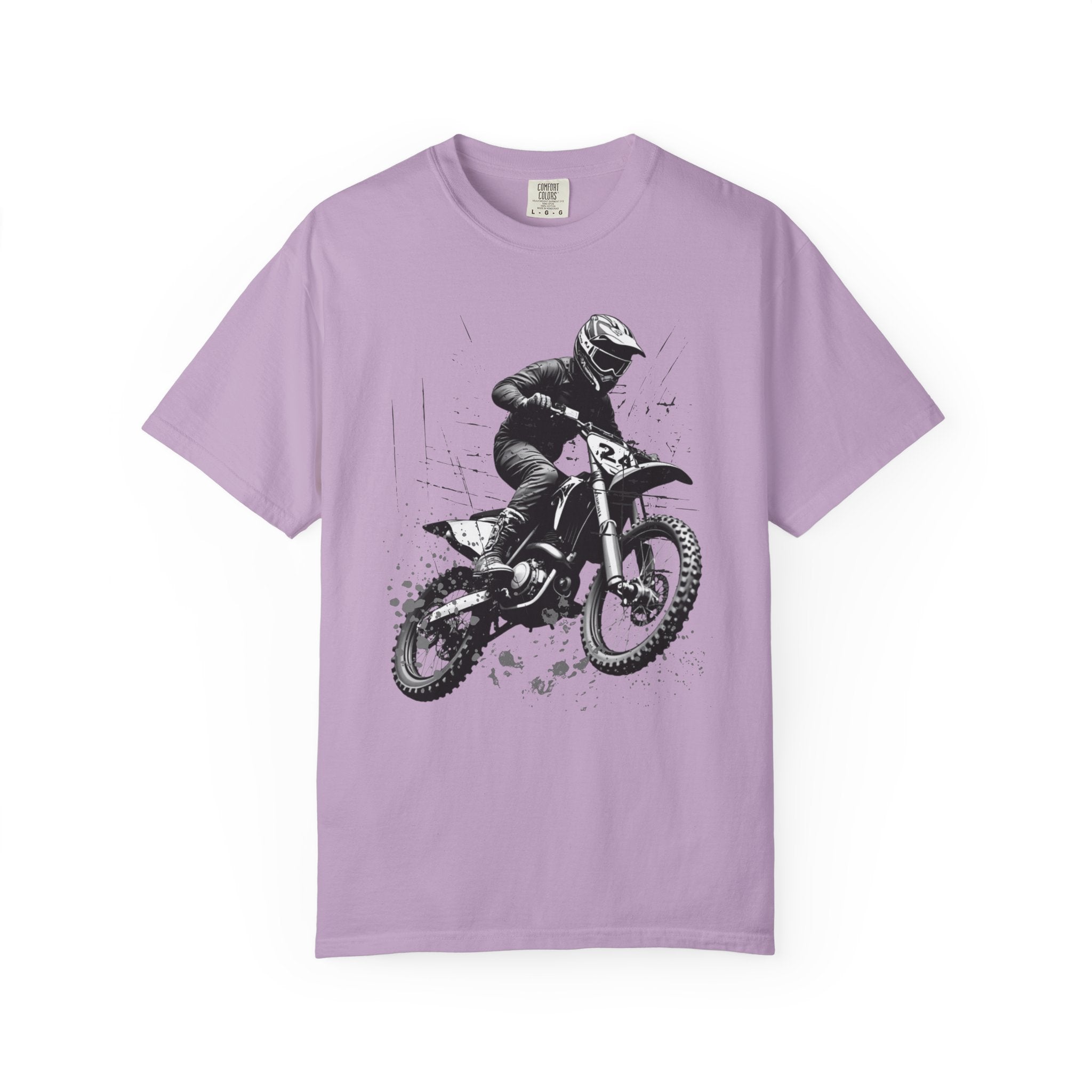 Orchid purple t-shirt with a vintage graphic of a motocross rider on a white background
