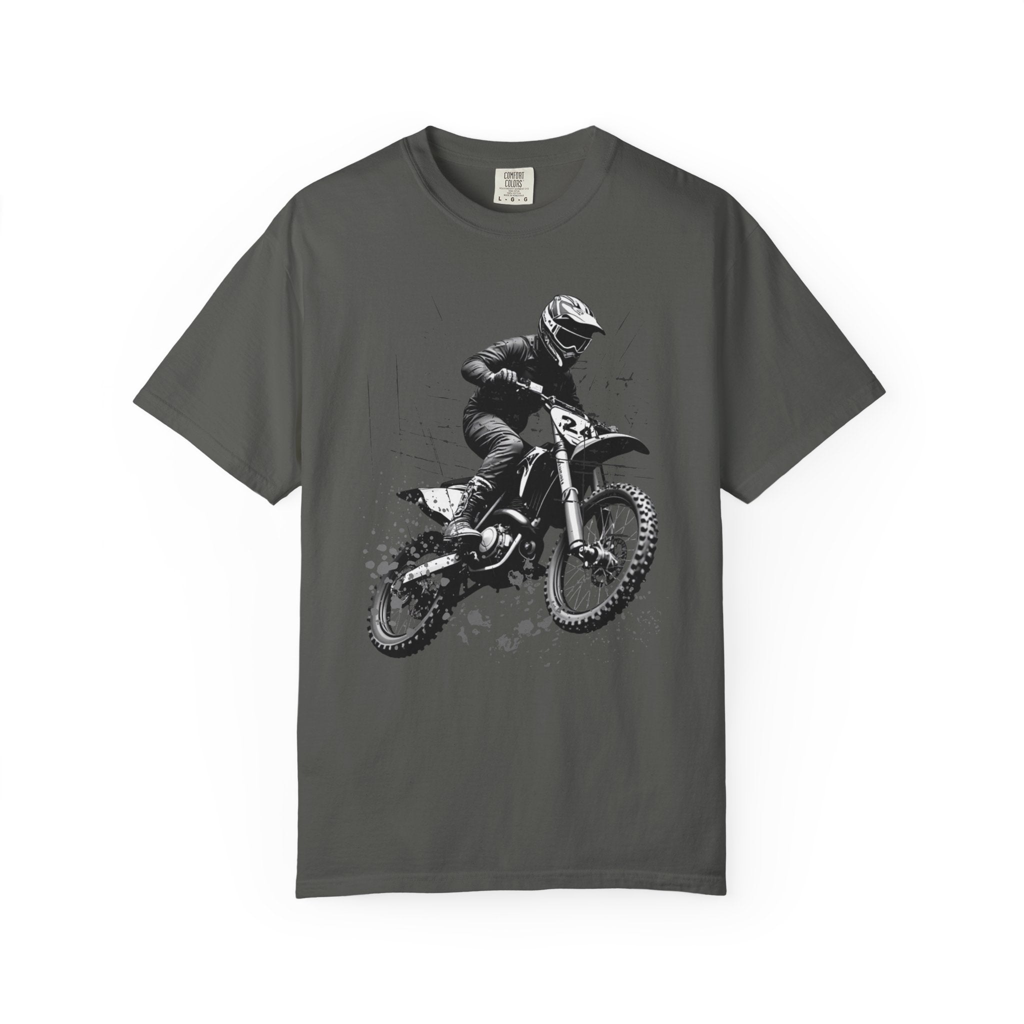 Pepper gray t-shirt with a vintage graphic of a motocross rider on a white background