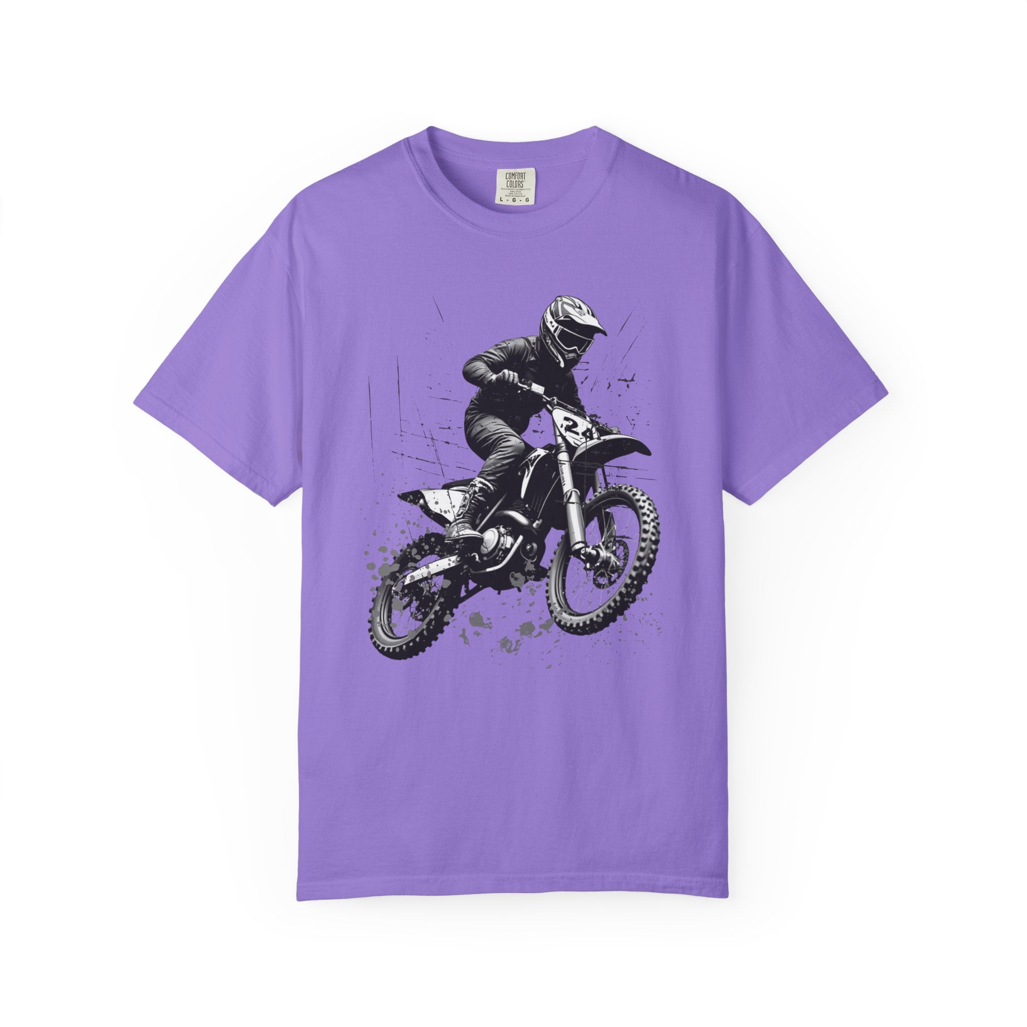 Purple t-shirt with a vintage graphic of a motocross rider on a white background