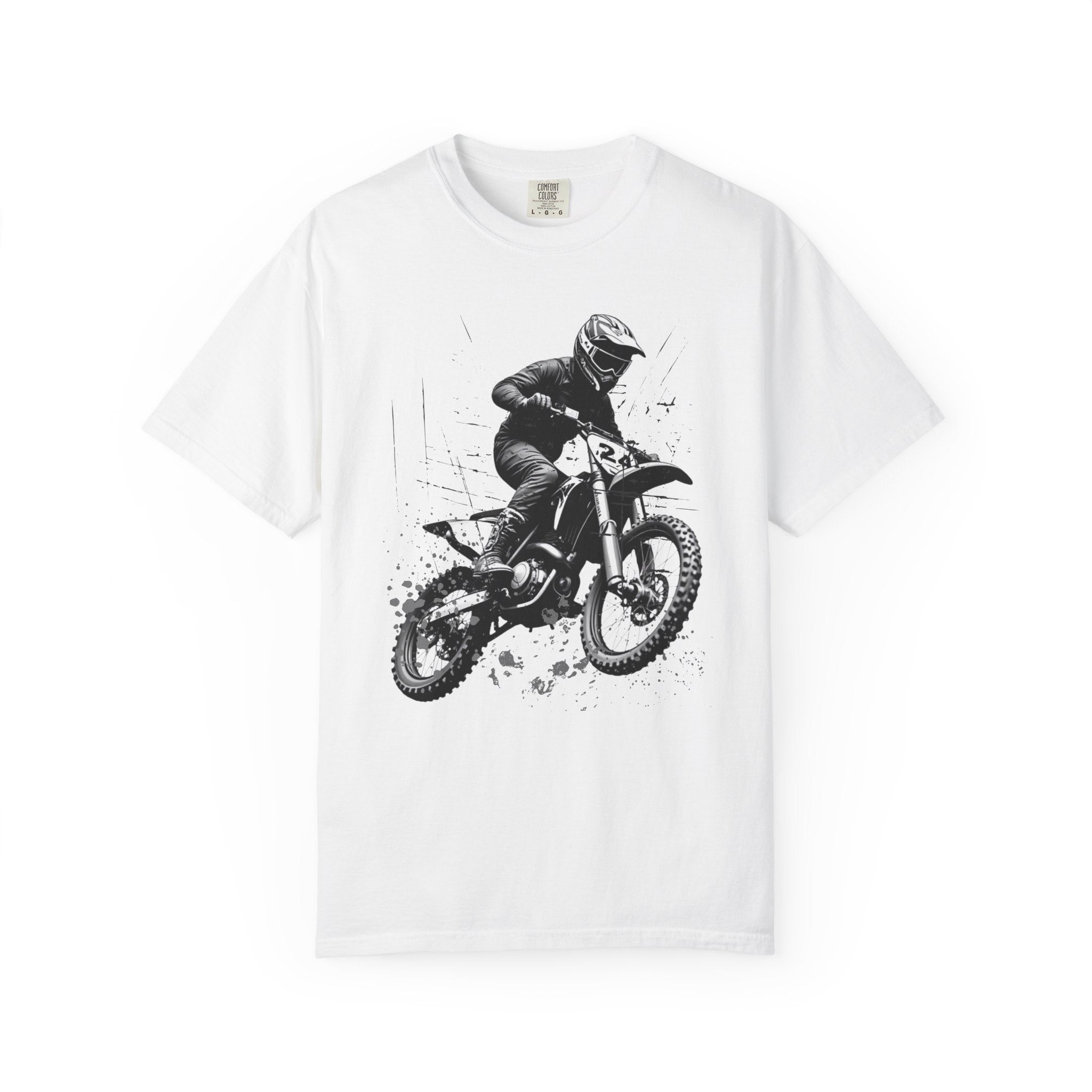 White t-shirt with a vintage graphic of a motocross rider on a white background