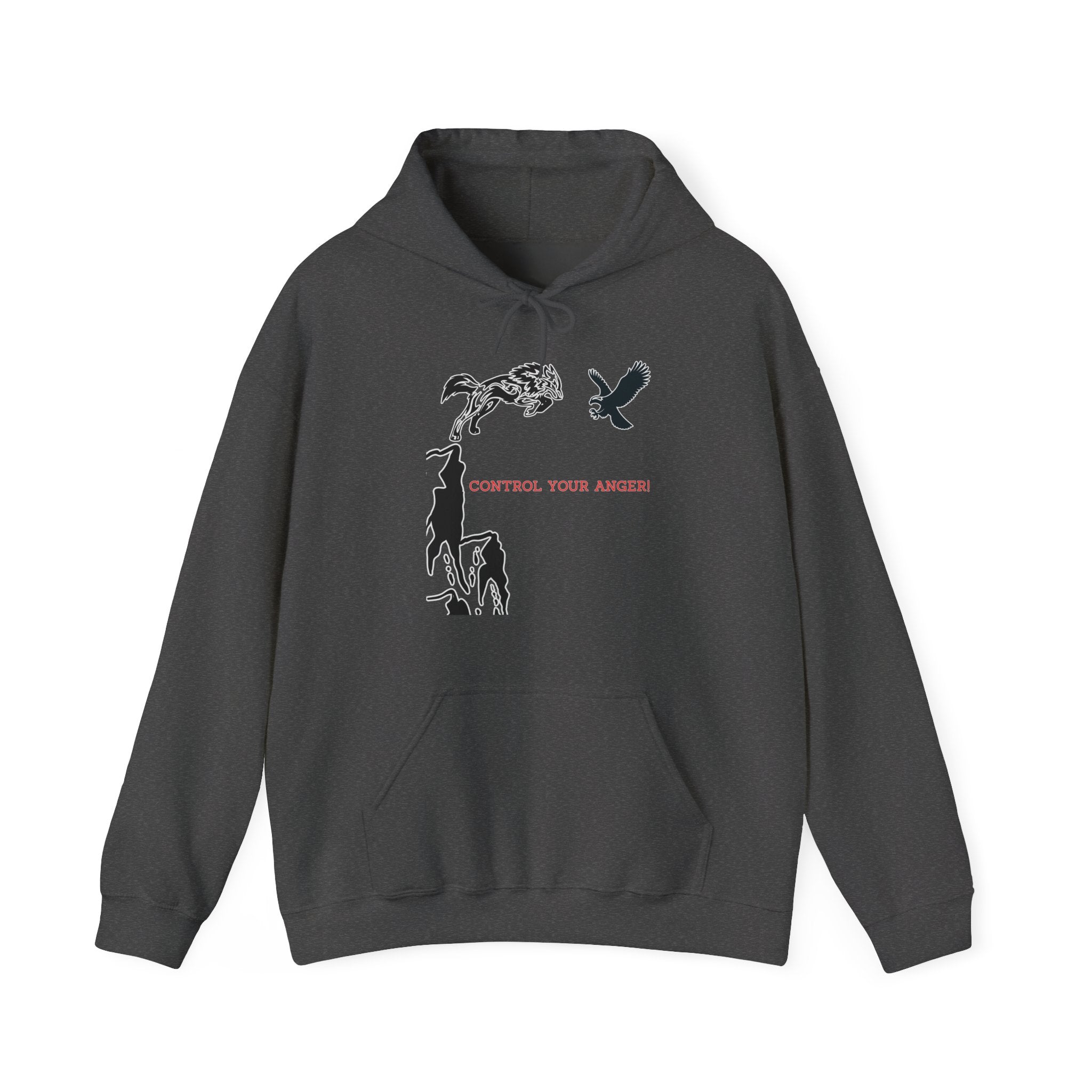 Dark gray hoodie with graphic design and text on a white background
