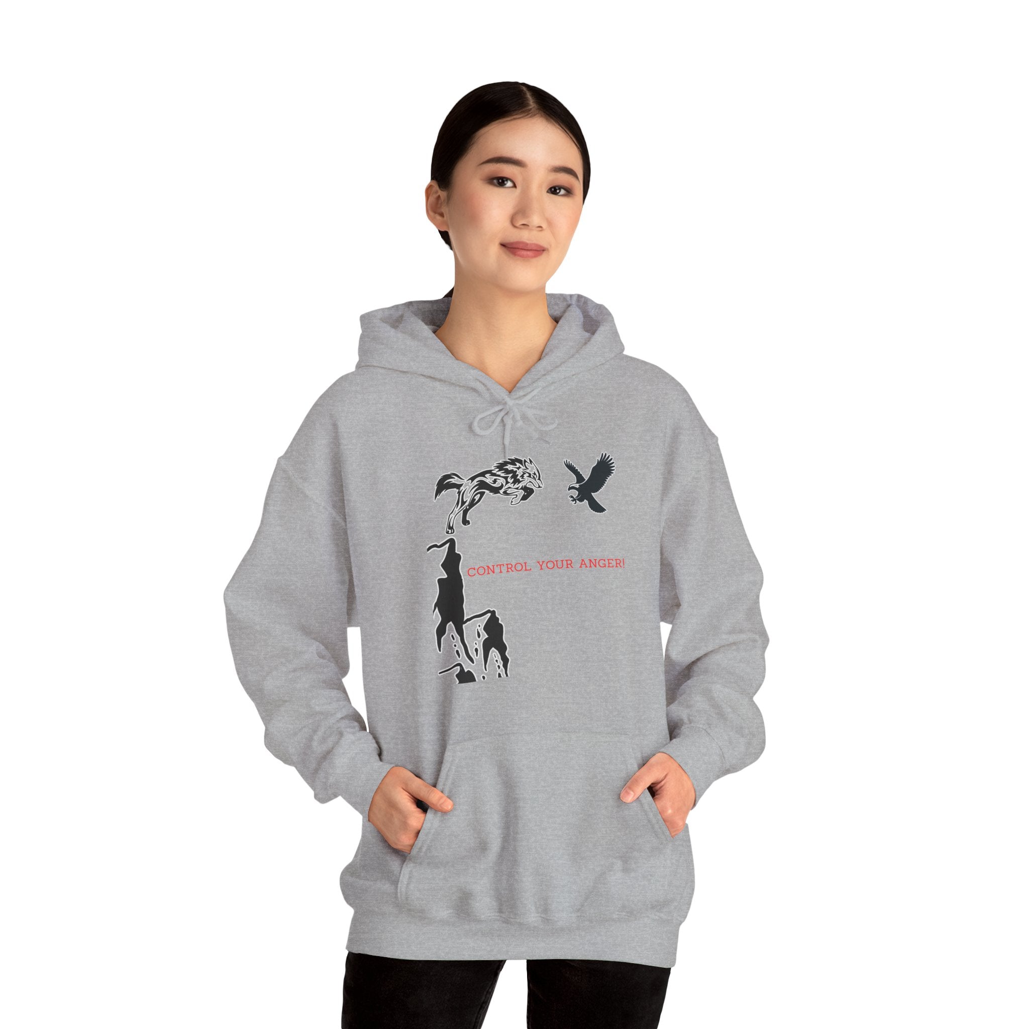 Person wearing a gray hoodie with graphic designs and text on a white background