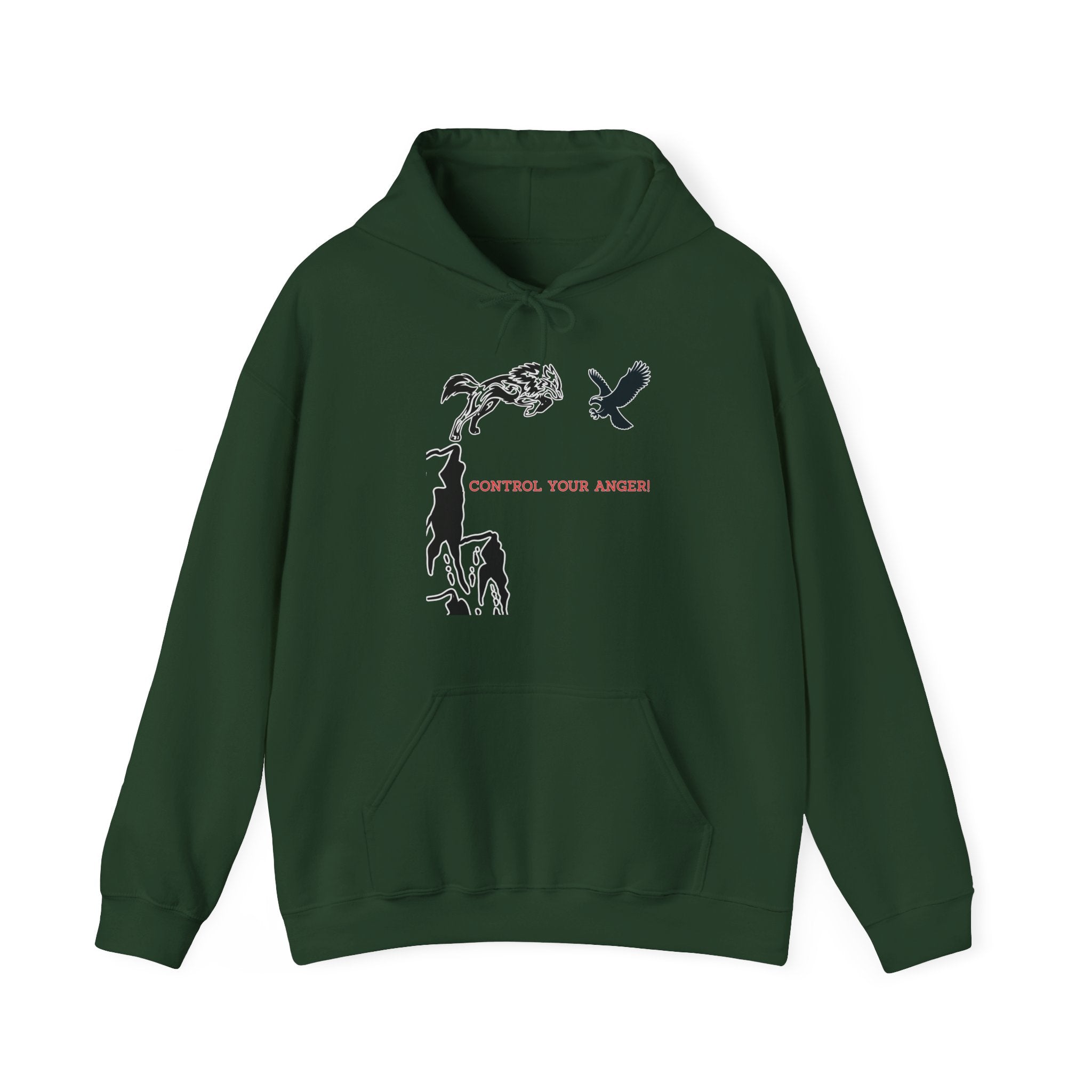 Green hoodie with graphic design and text on a white background