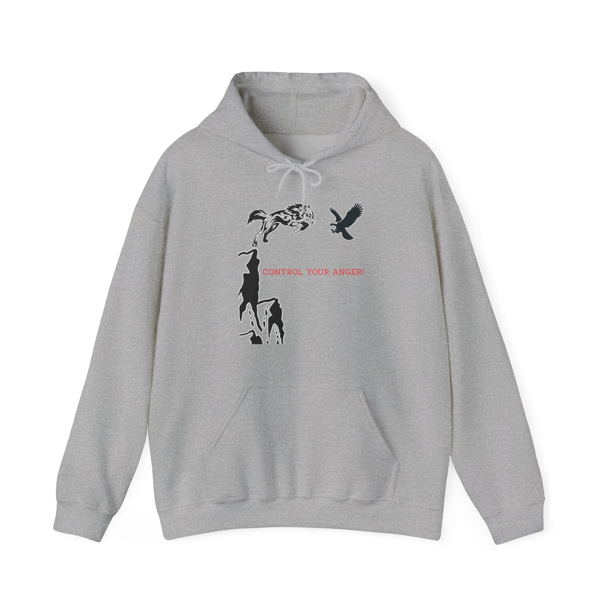 Gray hoodie with black and red graphic design on a white background