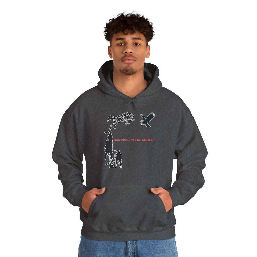 Person wearing a dark gray hoodie with graphic design and text on a white background