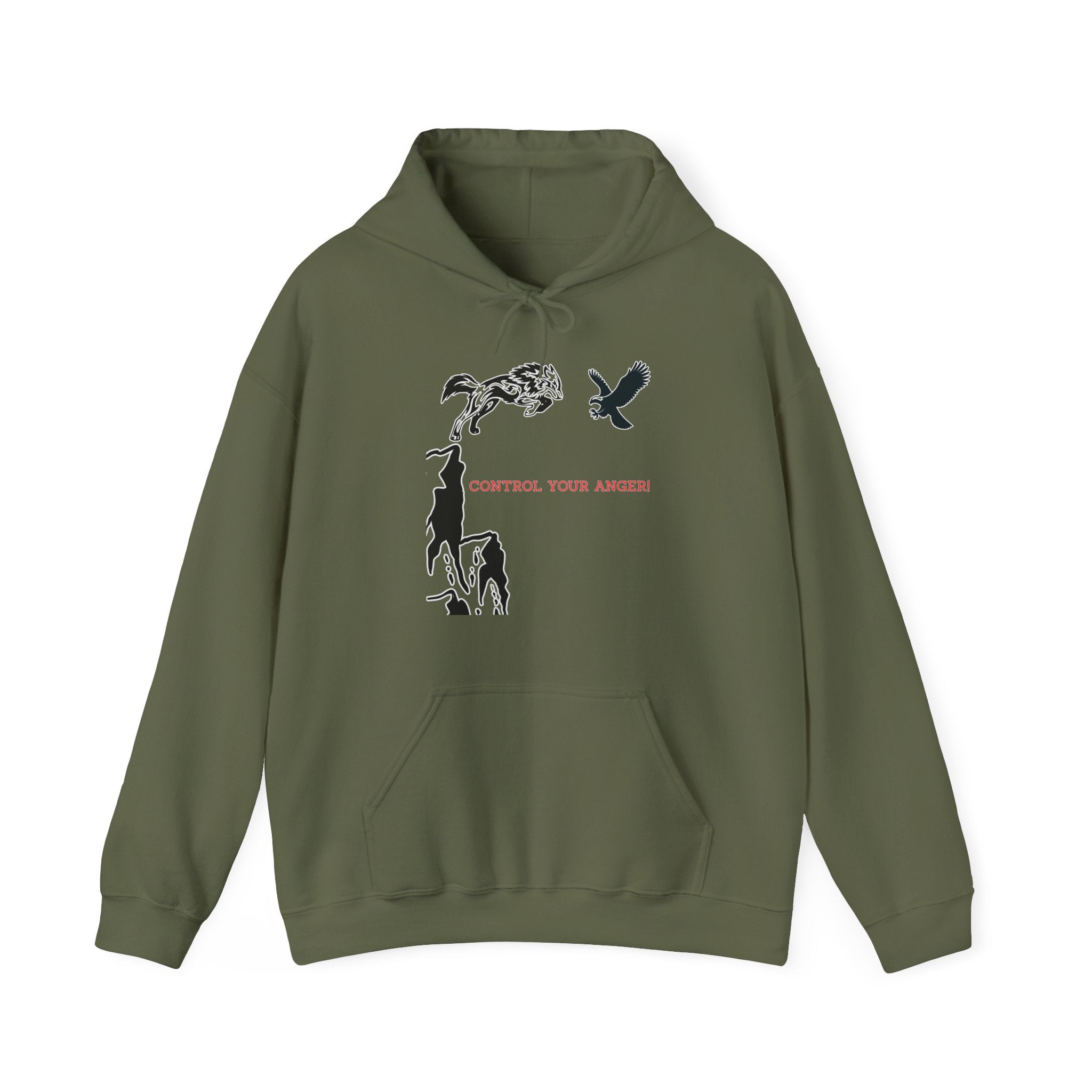 Military green hoodie with animal graphics and text on a white background