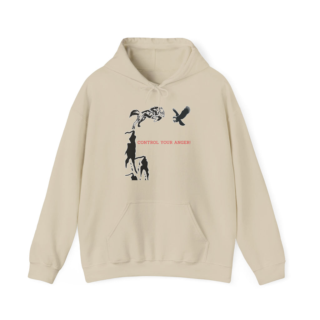 Beige hoodie with graphic designs and text on a white background