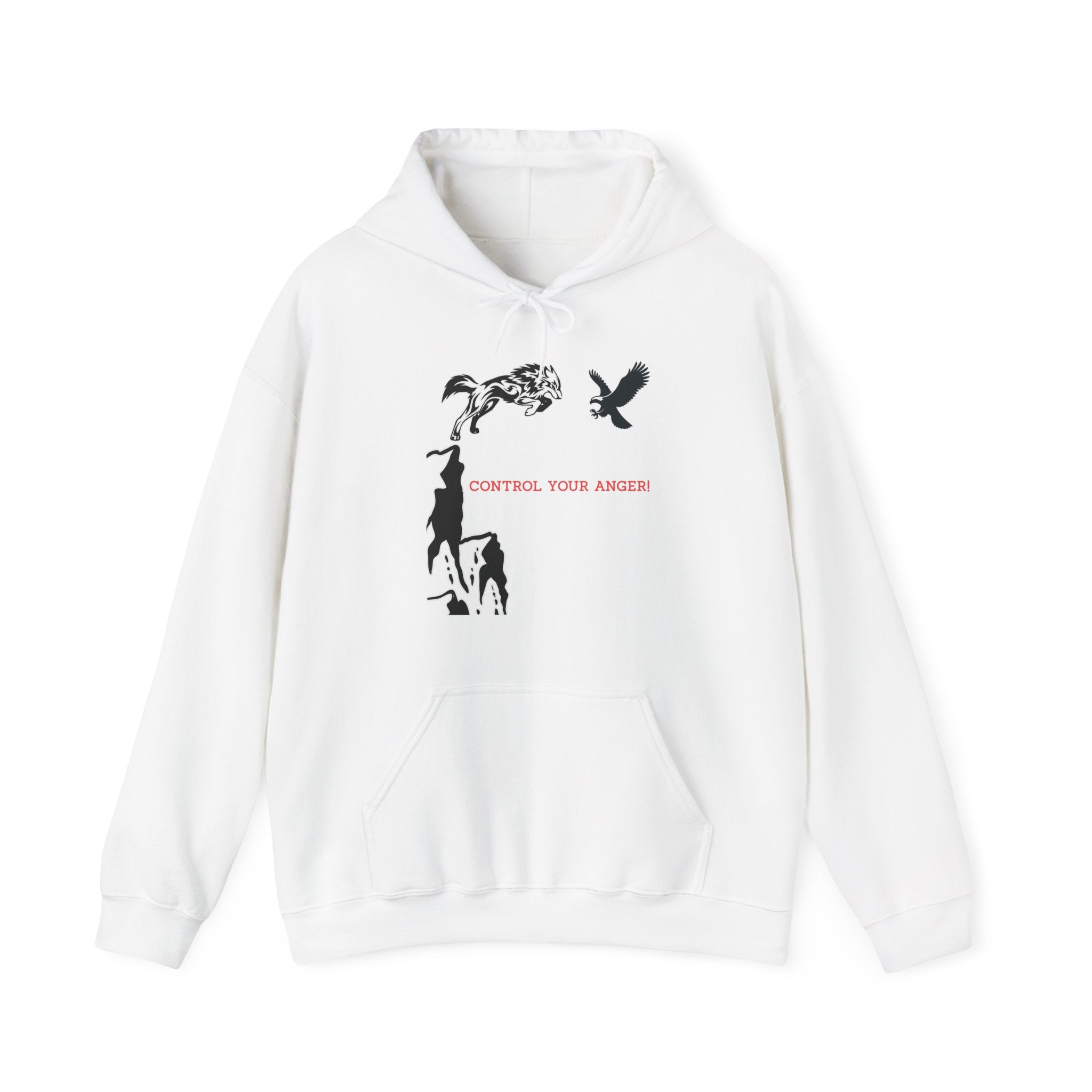 White hoodie with black graphics and text on a white background