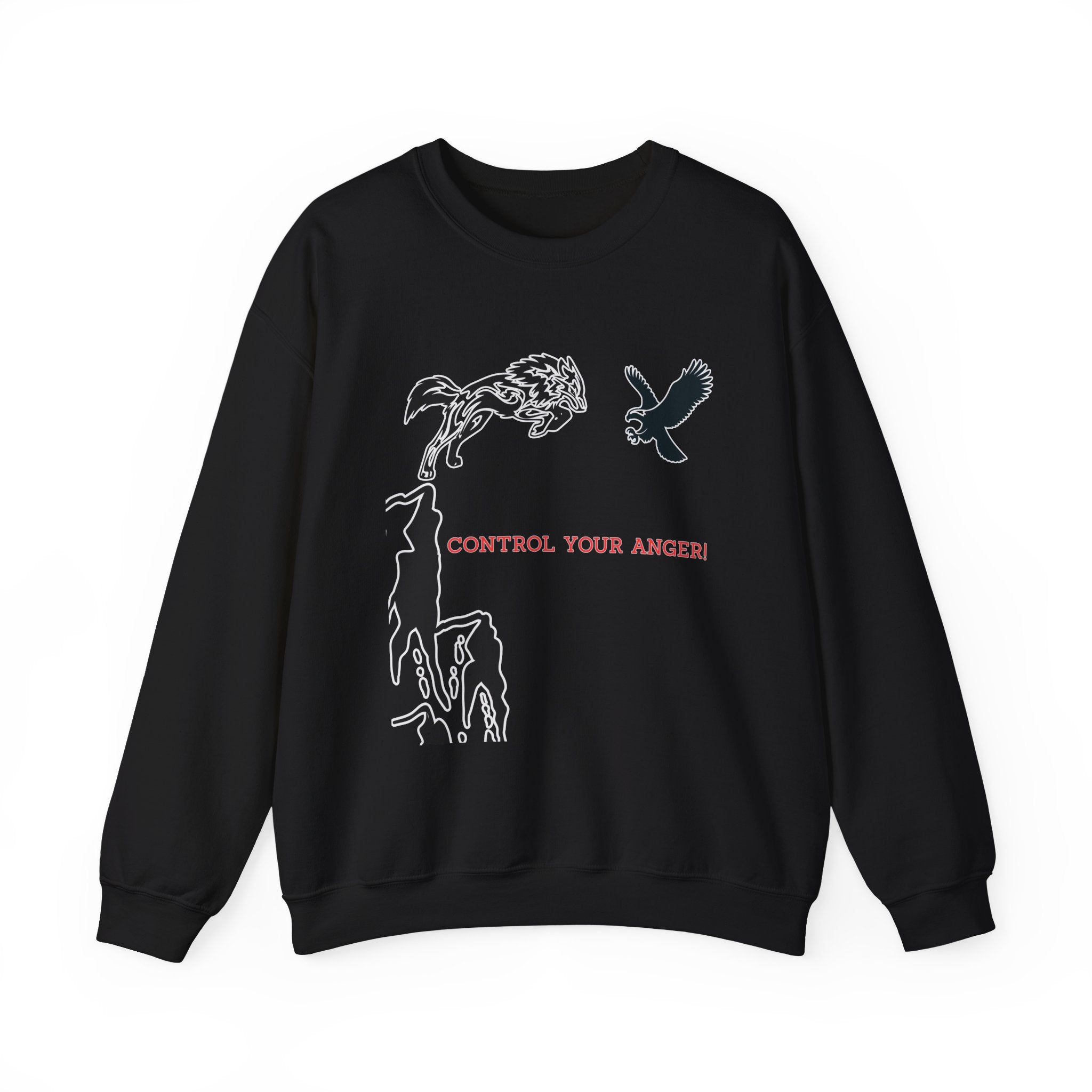Black sweatshirt with graphic design and text 'Control Your Anger!' on a white background