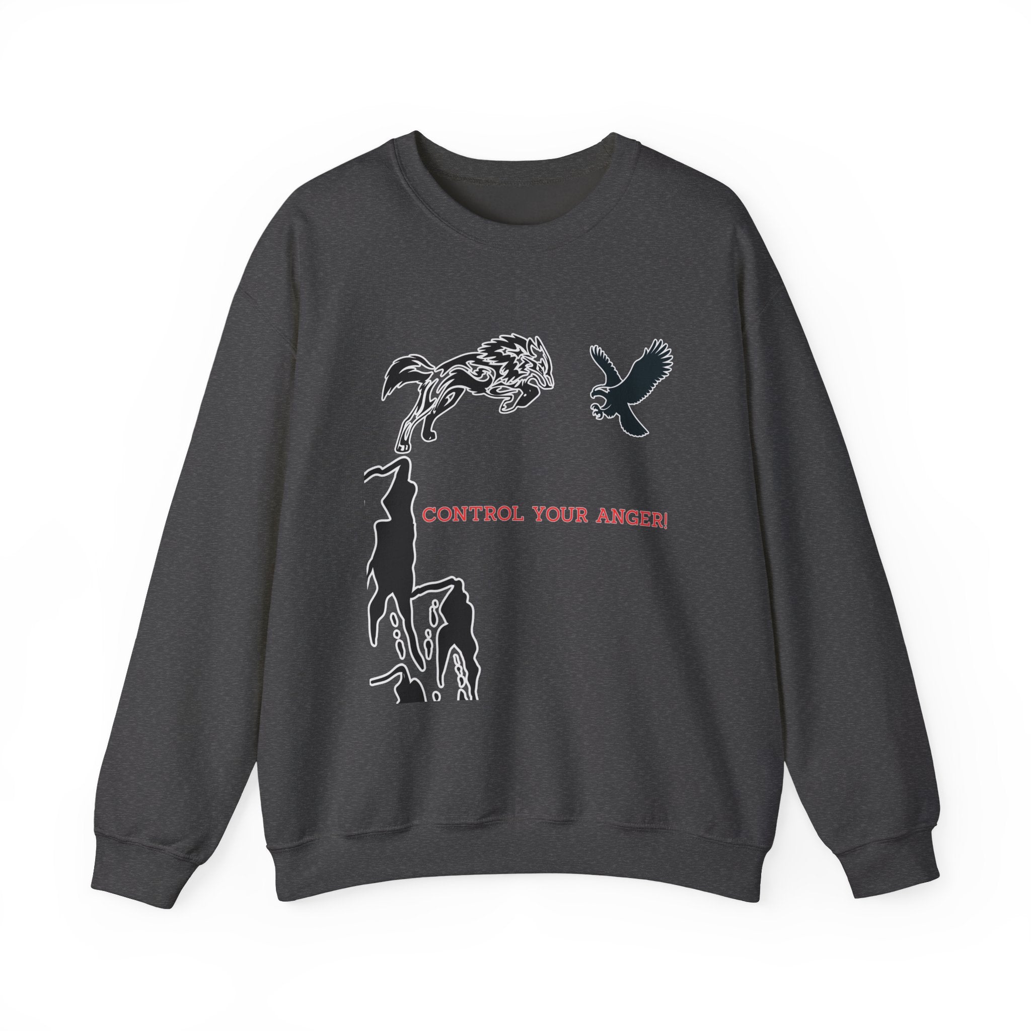 Dark heather sweatshirt with animal illustrations and text on a white background