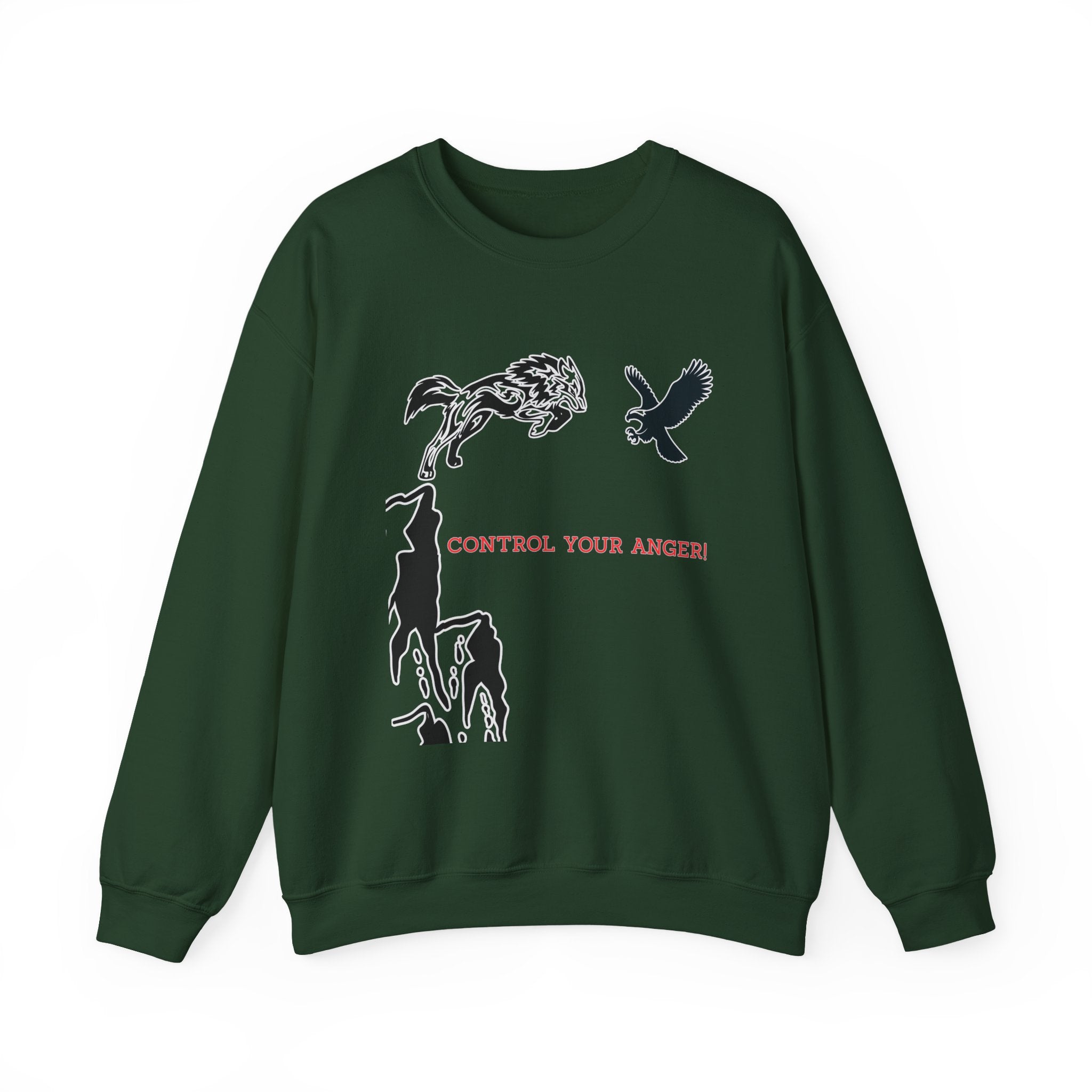 Forest green sweatshirt with animal illustrations and text on a white background