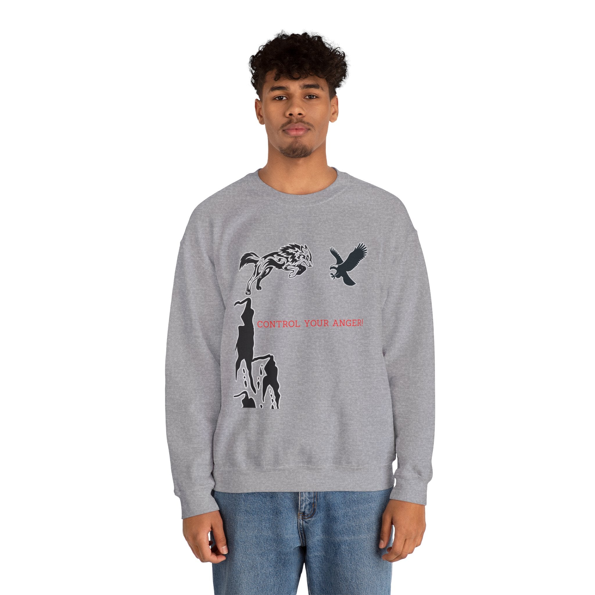 Person wearing a gray sweatshirt with graphic designs and text on a white background