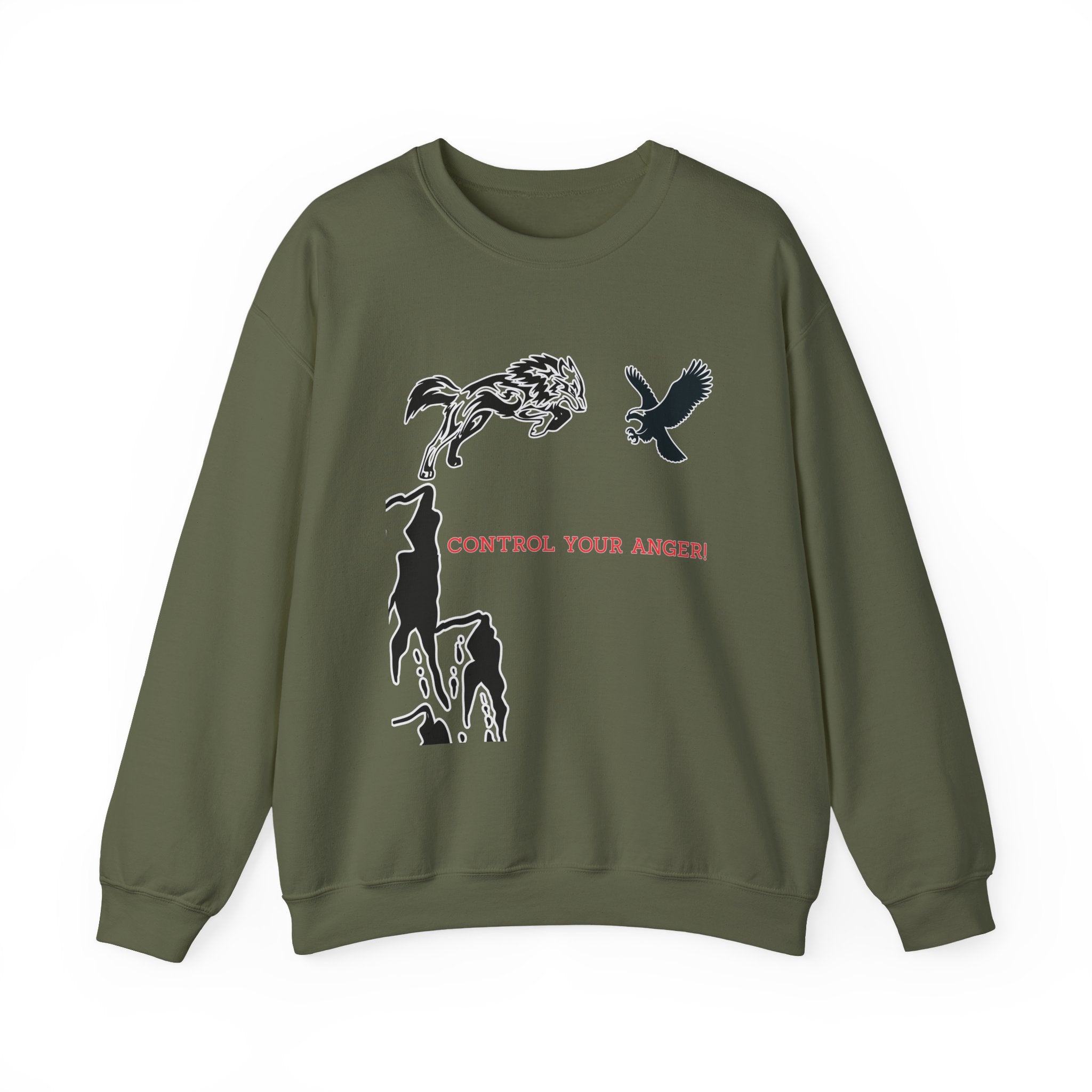 Military green sweatshirt with graphic design and text 'Control Your Anger!' on a white background