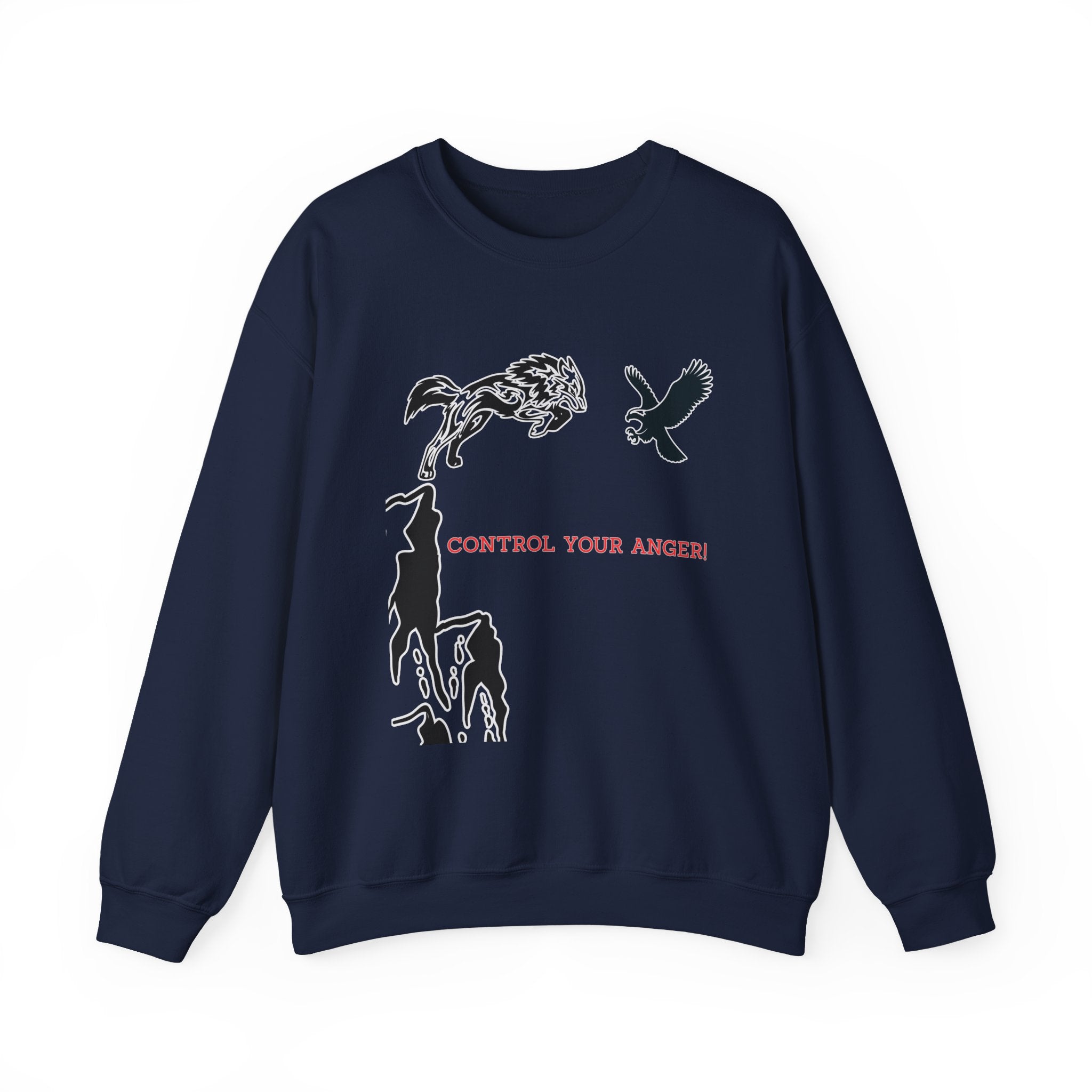 Navy blue sweatshirt with animal illustrations and text on a white background
