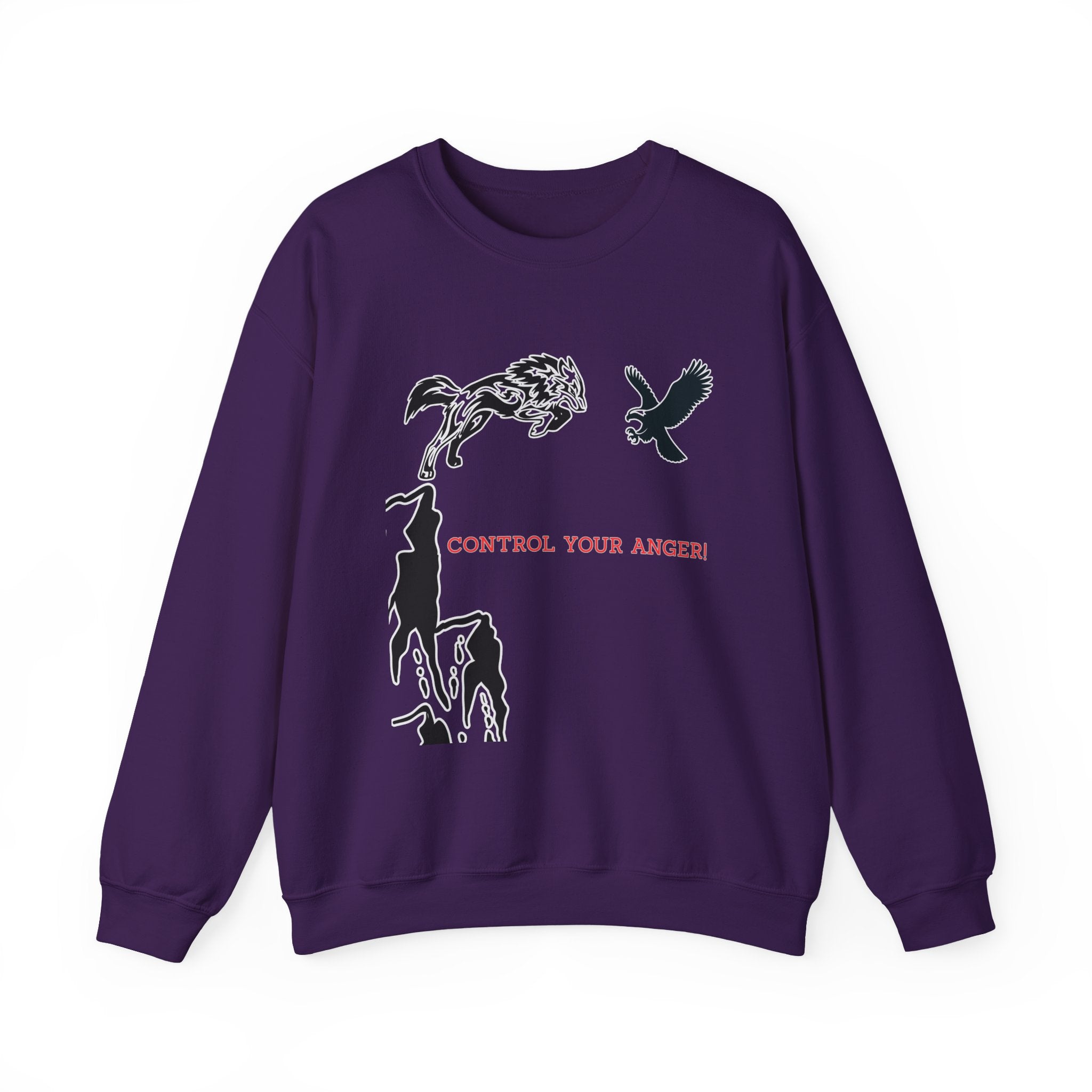Purple sweatshirt with animal illustrations and text on a white background