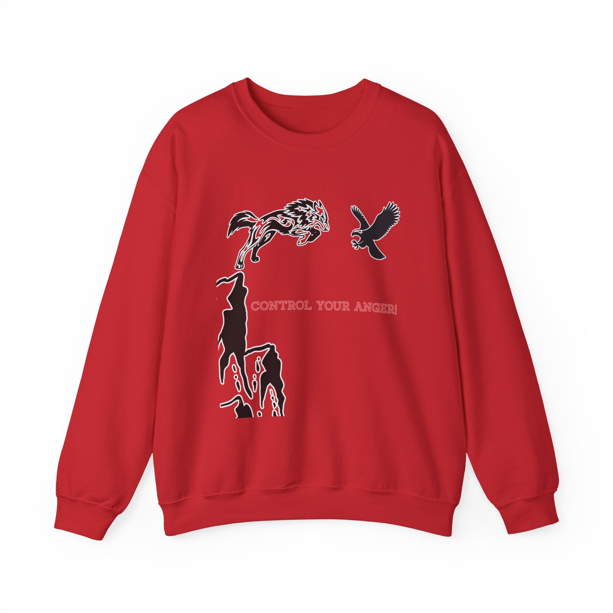 Red sweatshirt with black graphic design on a white background