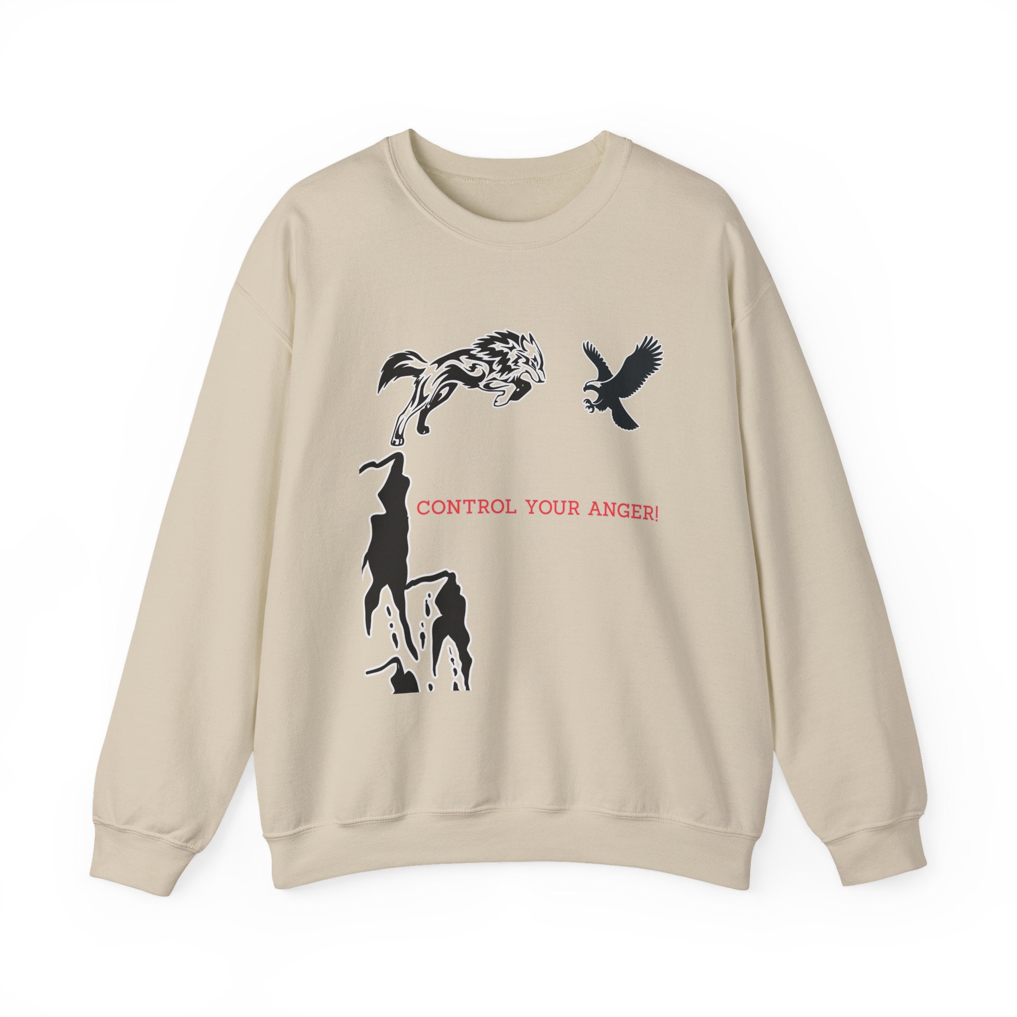 Beige sweatshirt with graphic design and text 'Control Your Anger!' on a white background