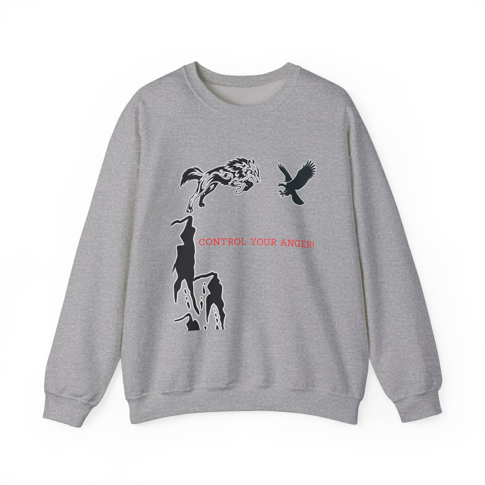 Gray sweatshirt with graphic design and text 'Control Your Anger' on a white background