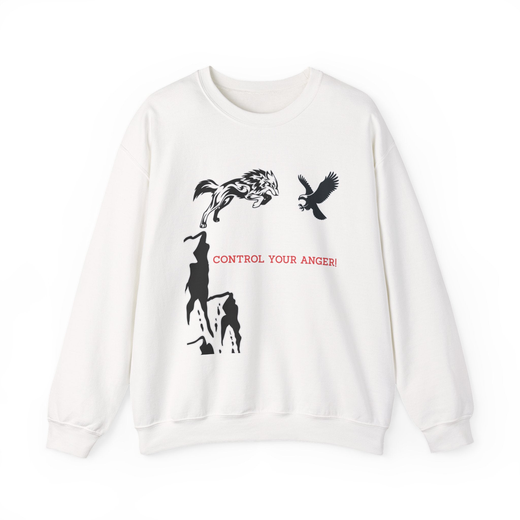 White sweatshirt with black graphics and text on a white background