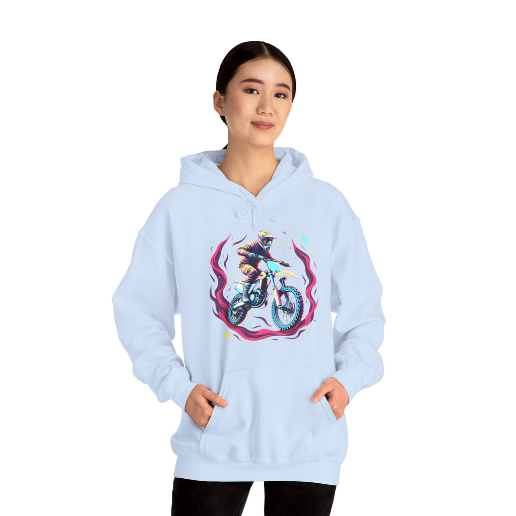 Light blue hoodie with a graphic design on a white background