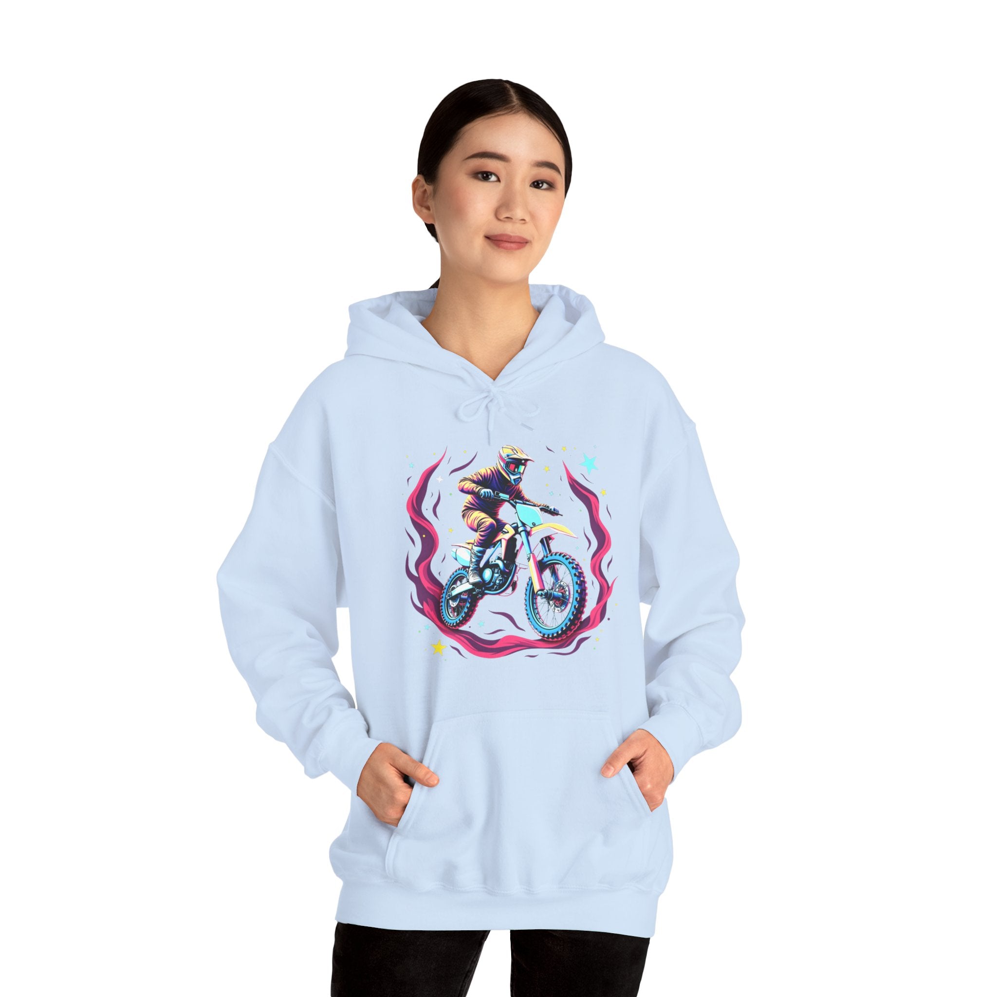 Light blue hoodie with a graphic design on a white background