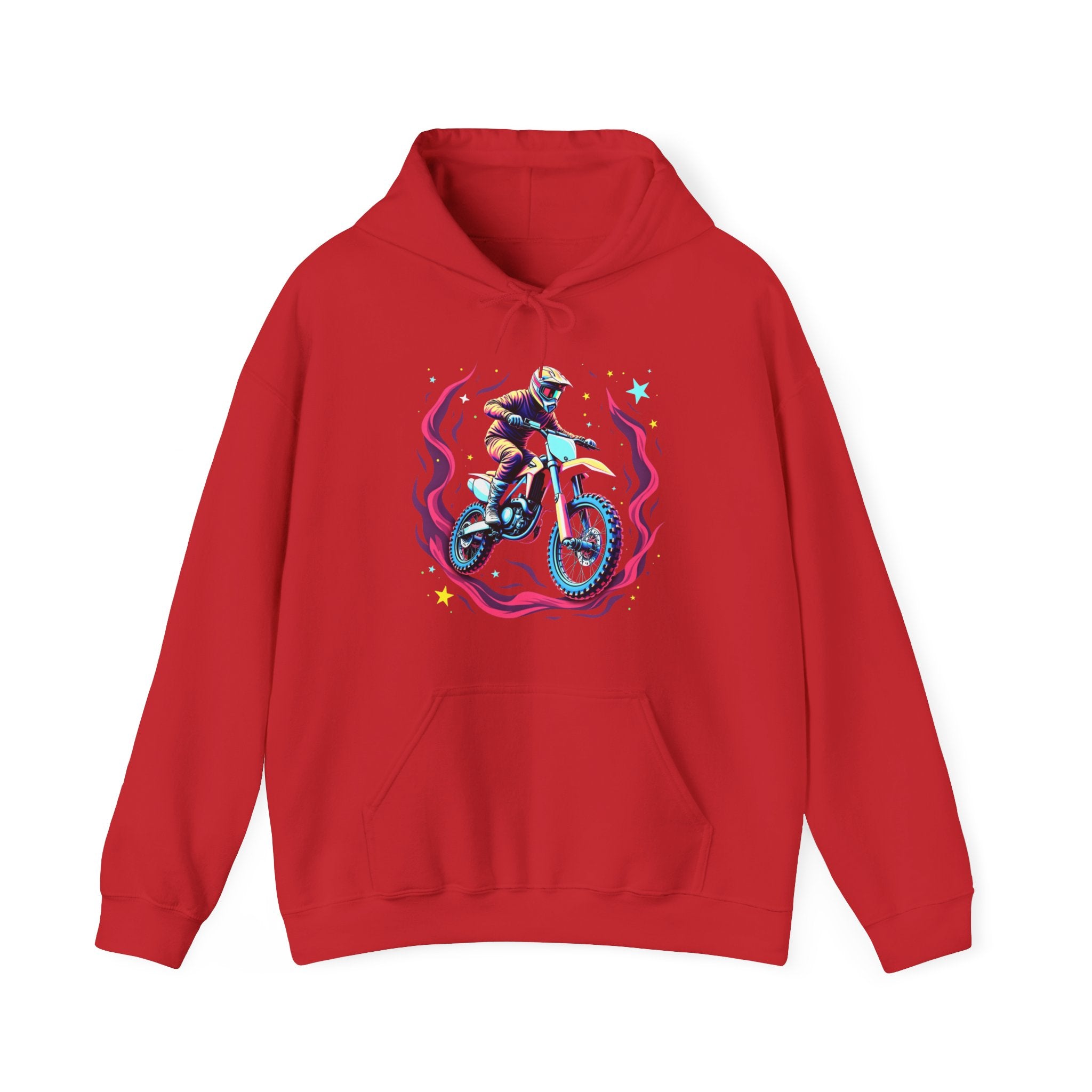 Red hoodie with a graphic of a person on a motorcycle on a white background
