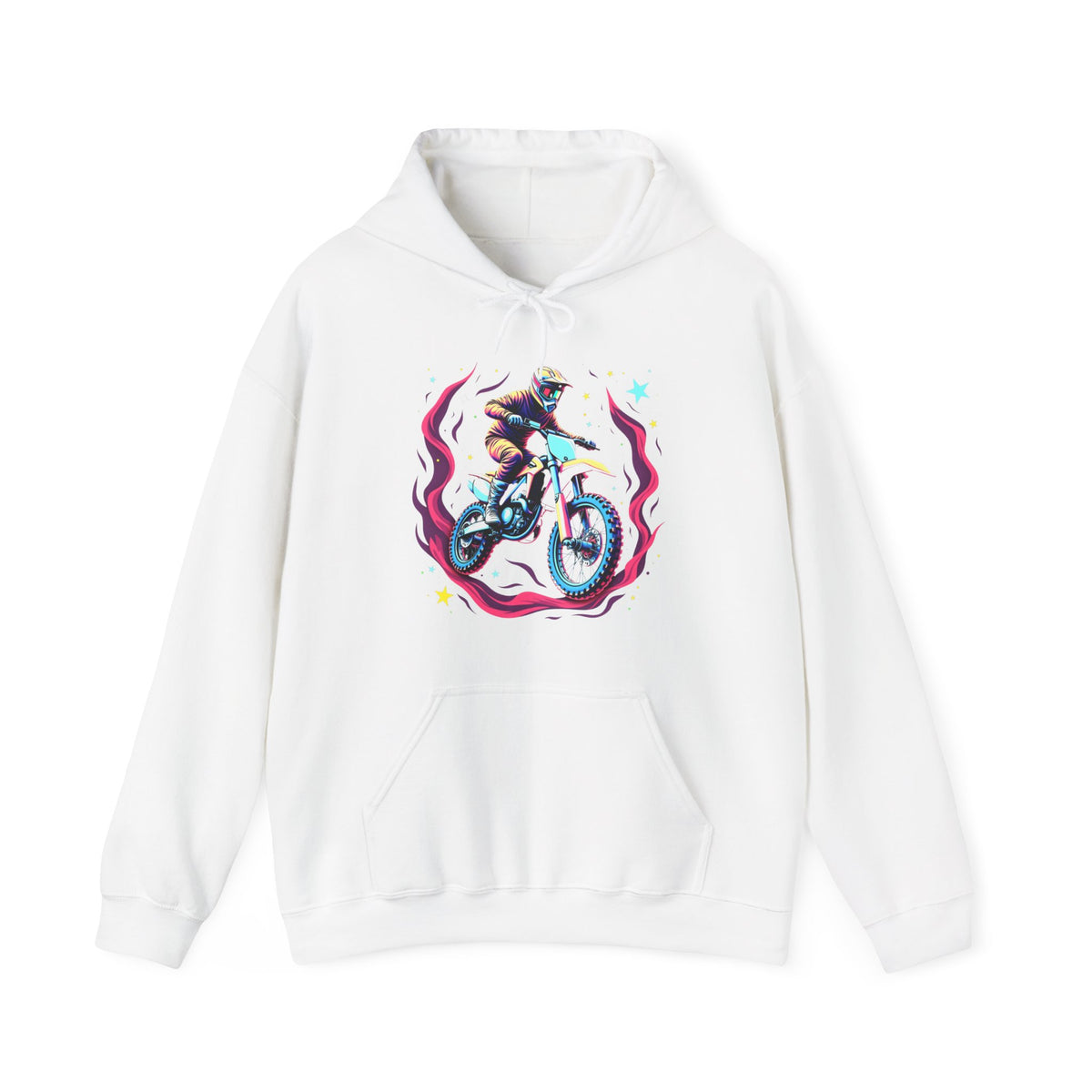 White hoodie with a graphic of a person on a motorcycle and flames on a white background