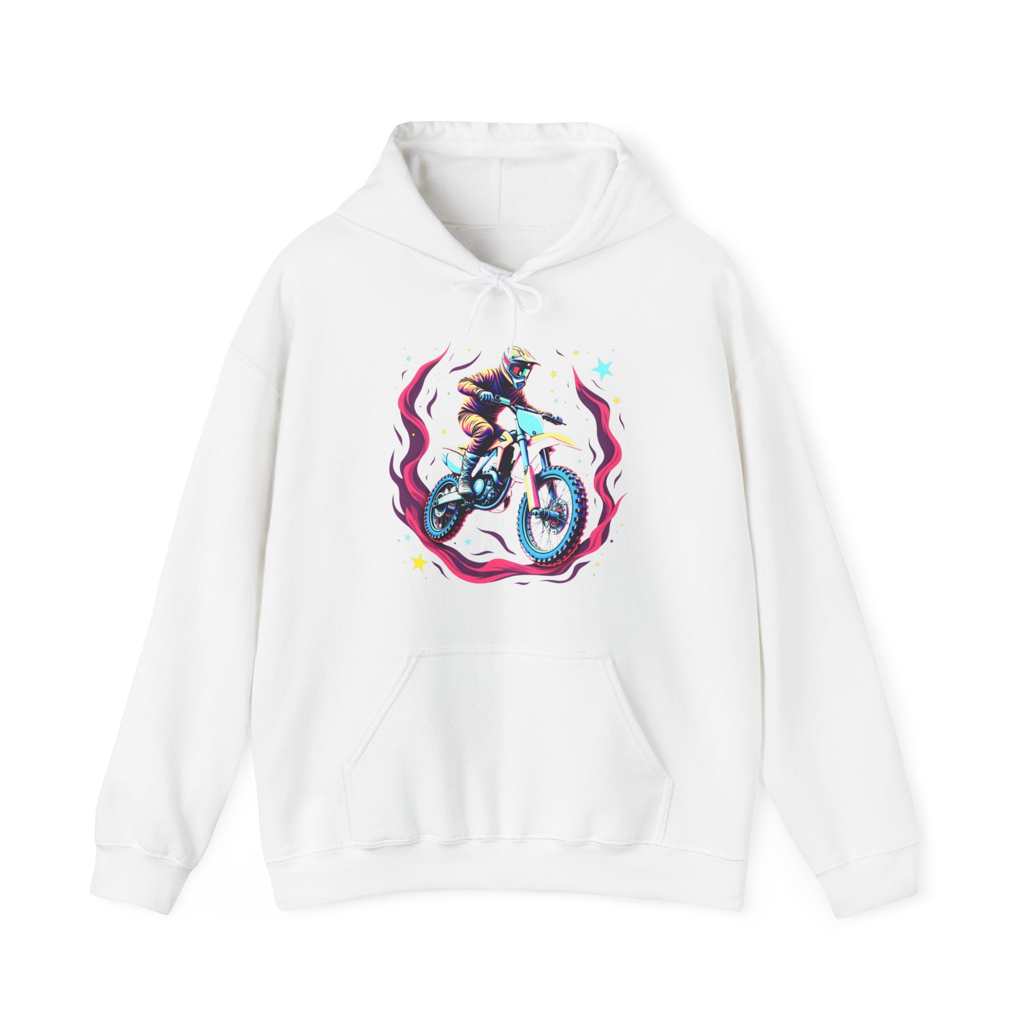 White hoodie with a graphic of a person on a motorcycle and flames on a white background