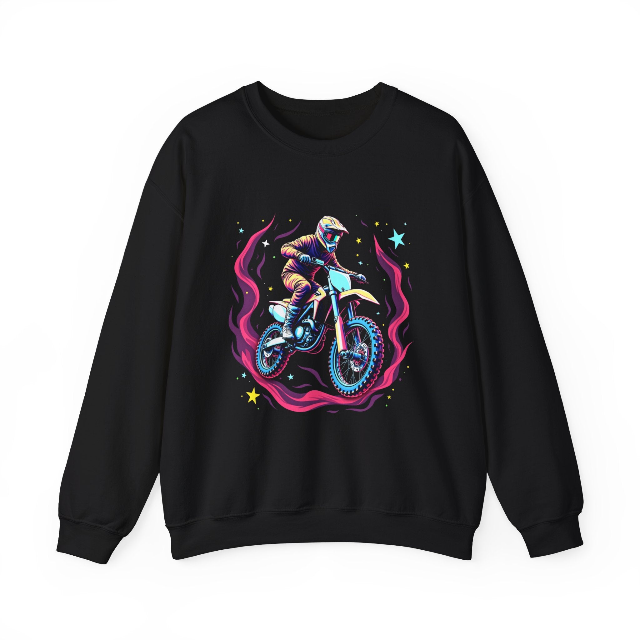 Black sweatshirt with a colorful graphic of a motocross rider on a bike.