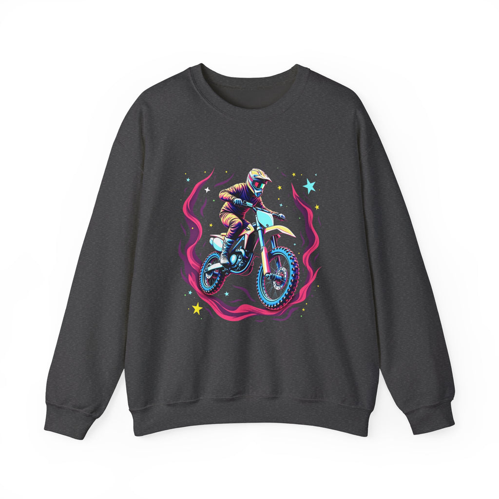 Dark heather sweatshirt with a graphic of a person on a motorcycle and colorful design elements on a white background