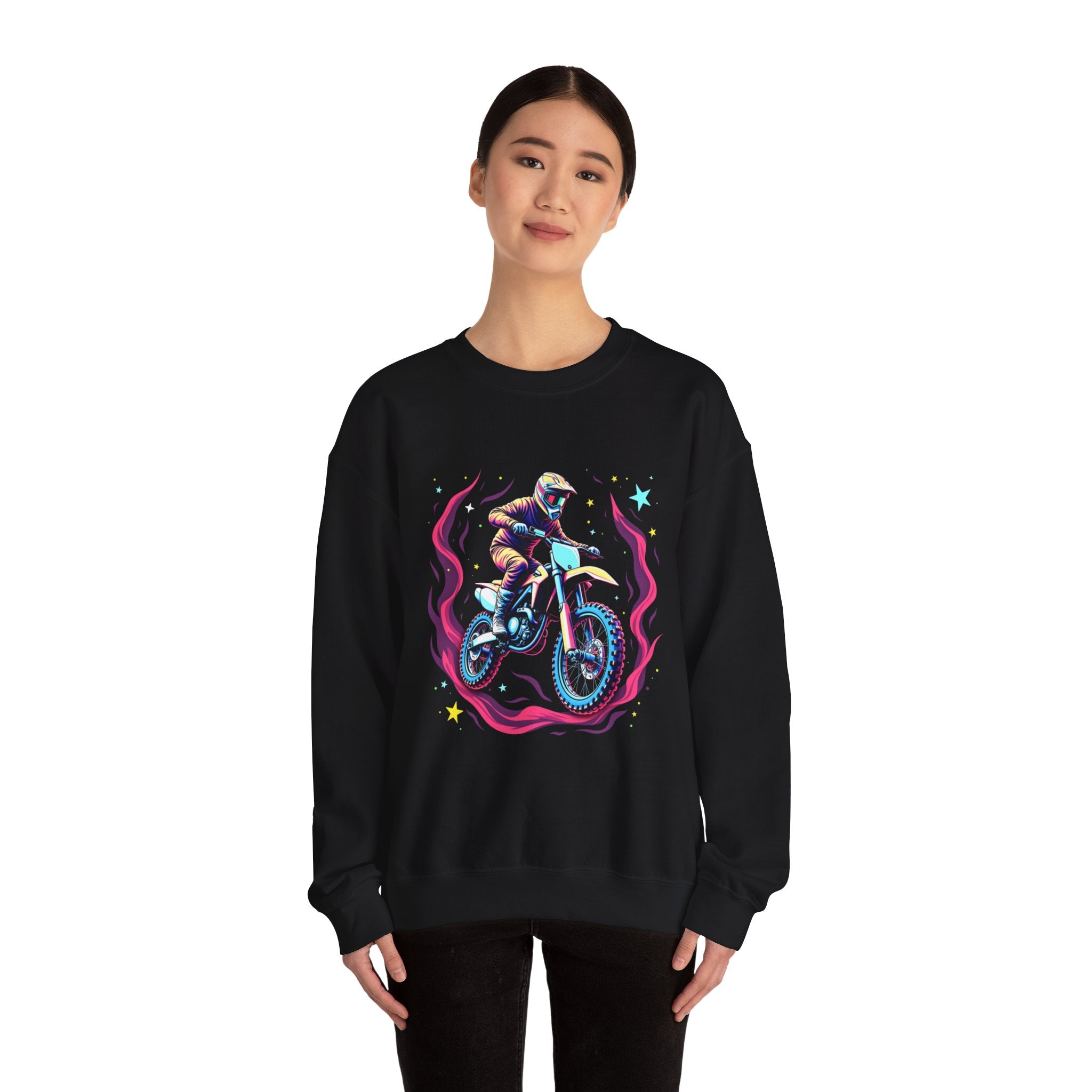 Person wearing a black sweatshirt with a colorful graphic design on a white background