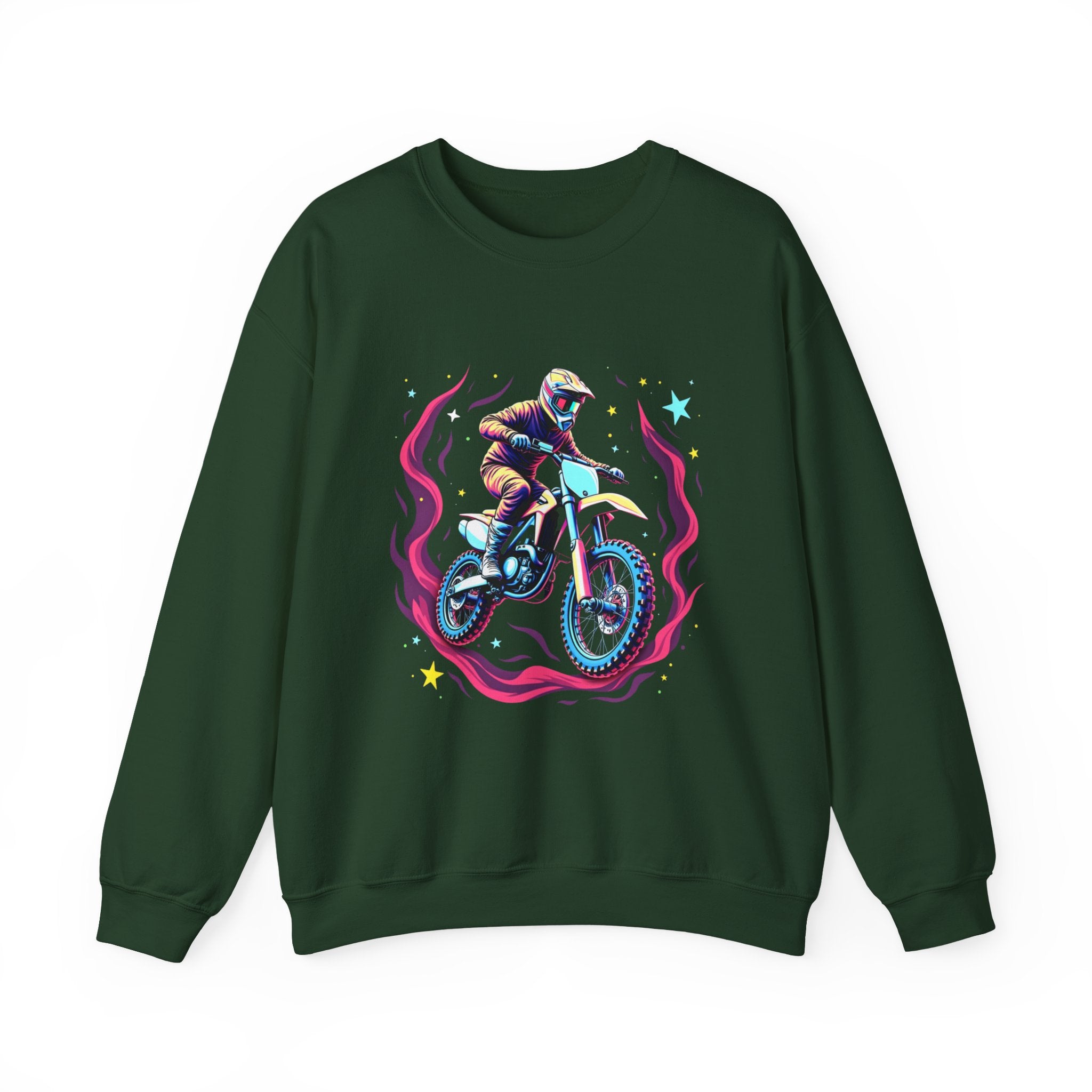 Forest green sweatshirt with a graphic of a motocross rider on a bike