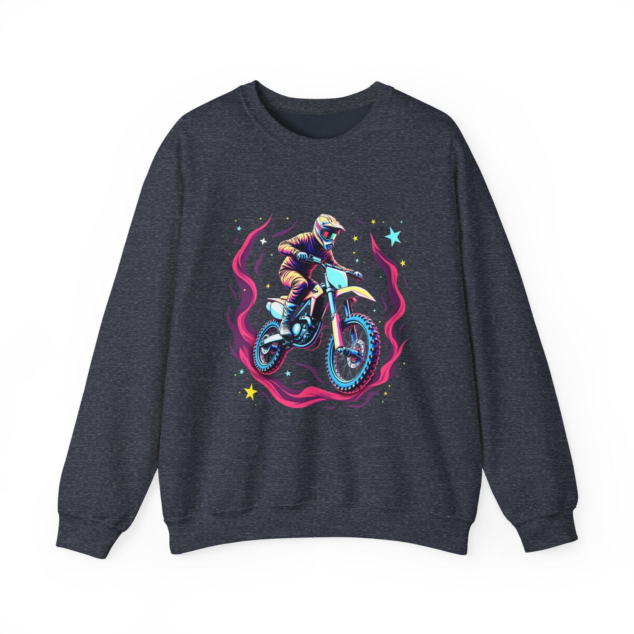 Heather sport dark navy sweatshirt with a graphic of a person on a motorcycle and flames on a white background