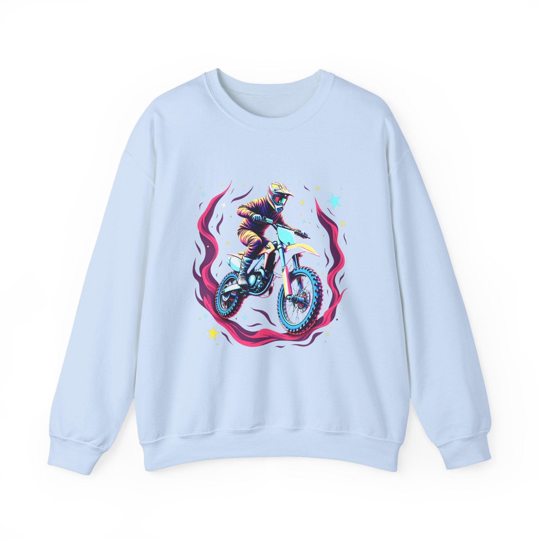 Light blue sweatshirt with a graphic of a person on a bike and flames on a white background