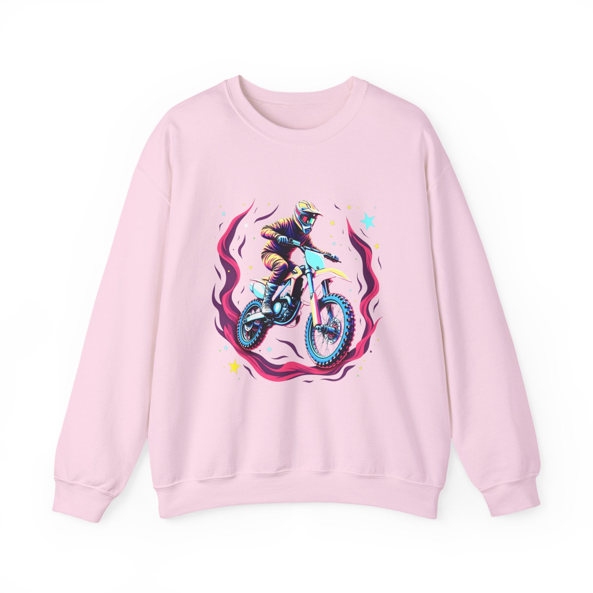 Light pink sweatshirt with a graphic of a person on a bike and flames on a white background