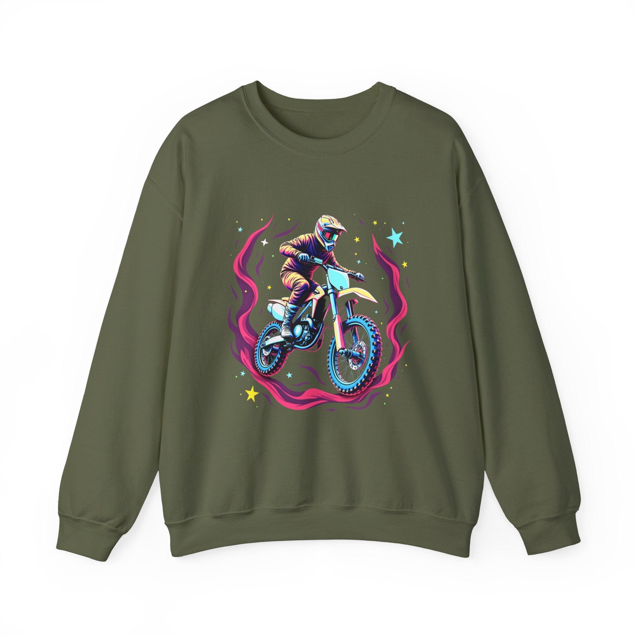 Military green sweatshirt with a graphic of a person riding a bike on a white background