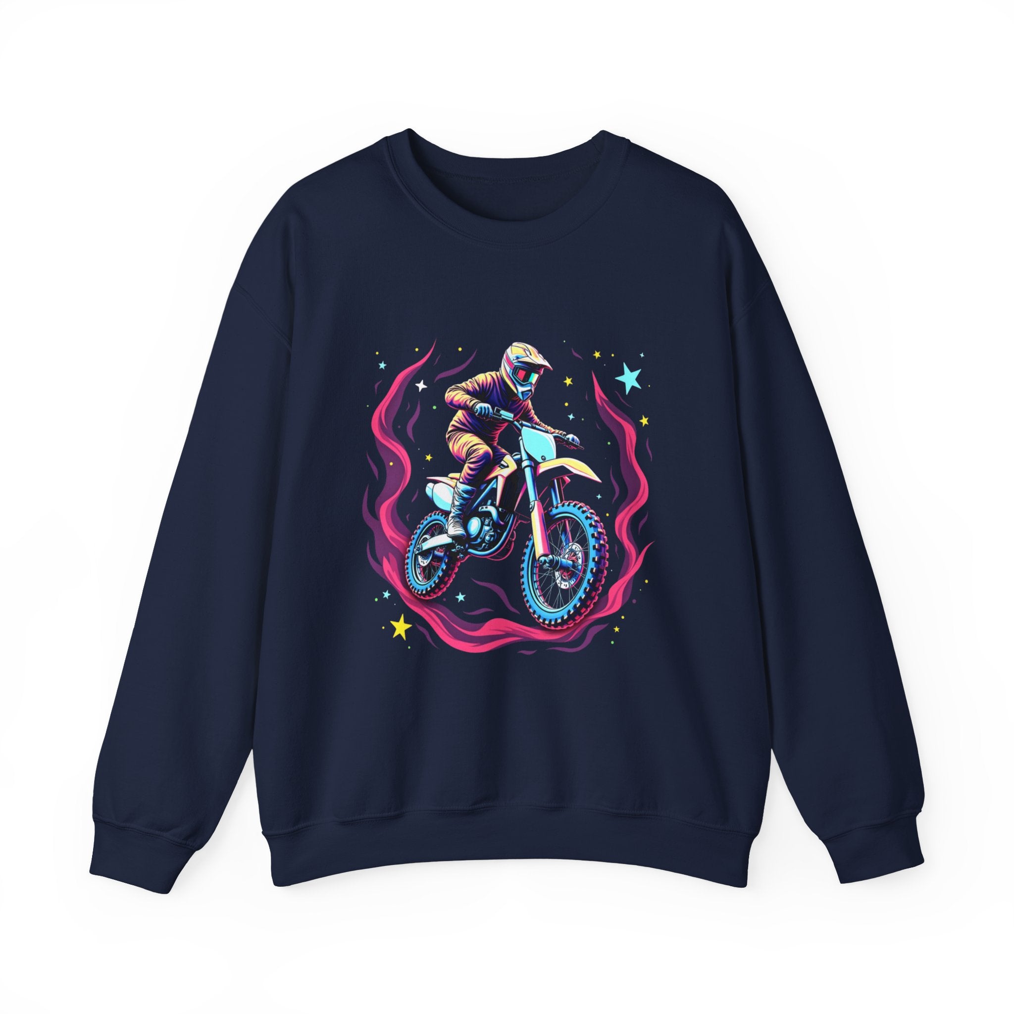 Navy blue sweatshirt with a graphic of a motocross rider and bike on a white background
