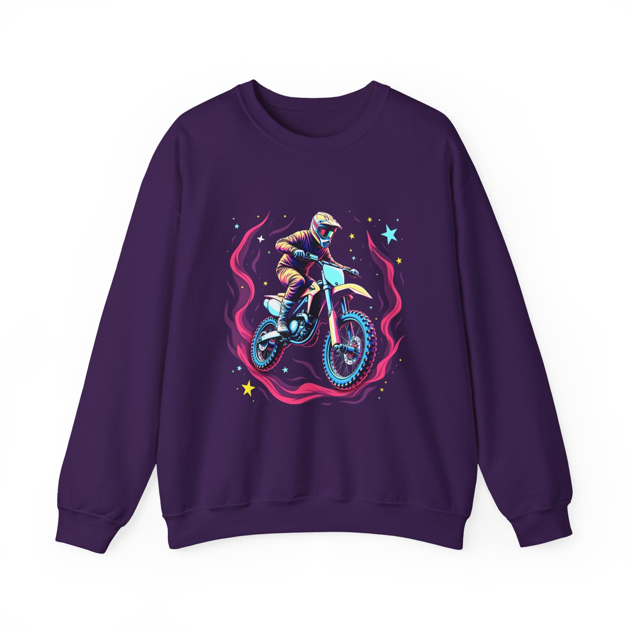 Purple sweatshirt with a graphic of a motocross rider on a bike against a white background