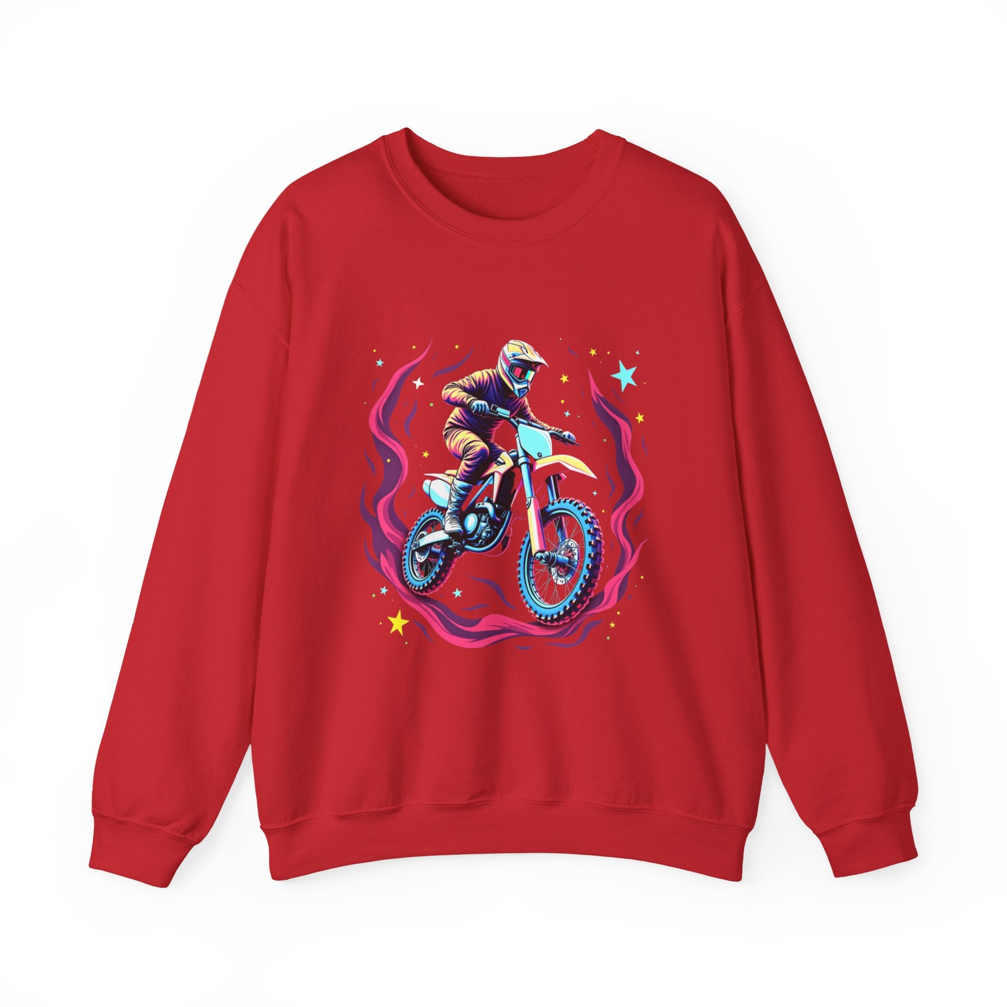 Red sweatshirt with a graphic of a person on a bike and flames on a white background